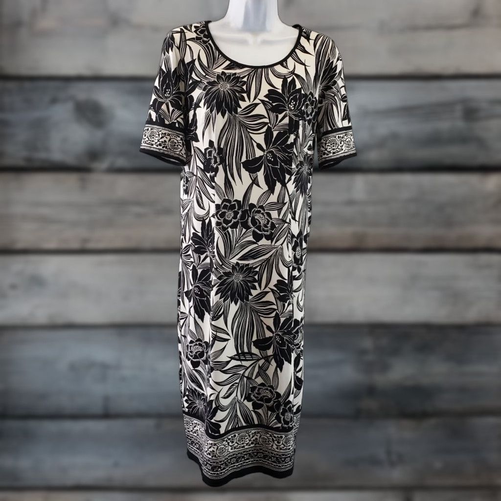 Chico\'s Women\'s Dress S Black Floral Midi Short Sleeve Shift 40\" Length