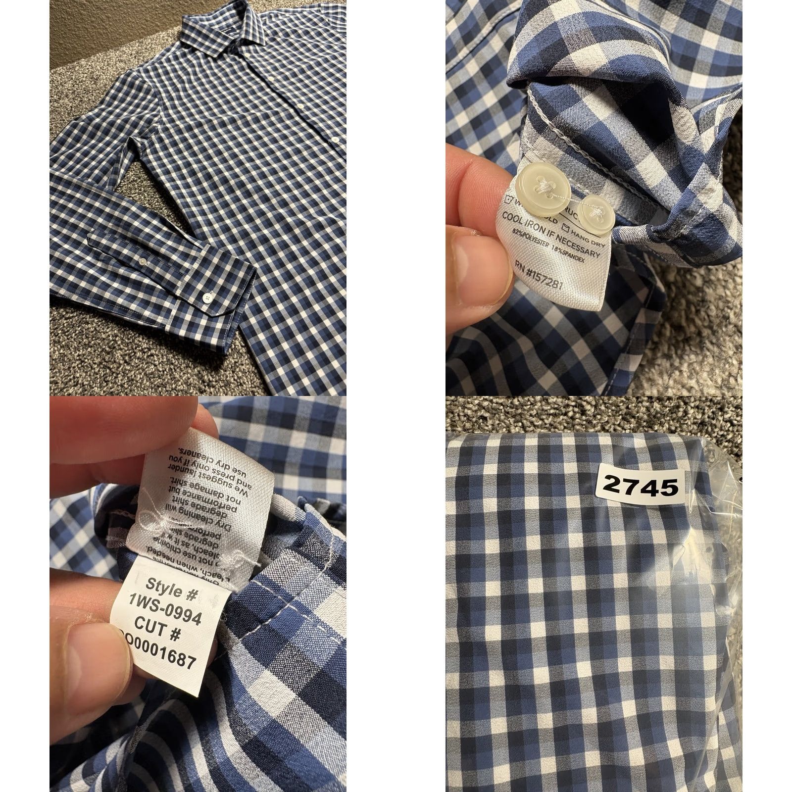 Mizzen+Main Mizzen+Main Leeward Shirt Mens Large Tall Blue Check Plaid Stretch Polyester Spandex Button-Up Collared Size US L / EU 52-54 / 3 - 8 Thumbnail