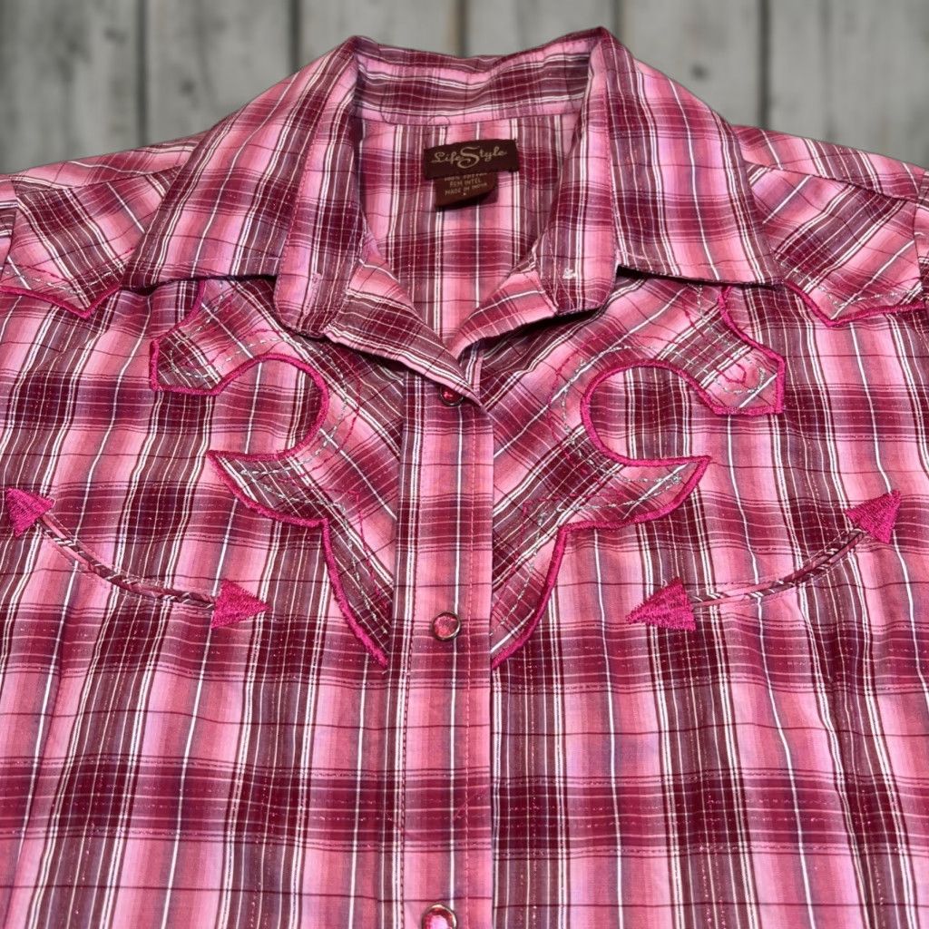 Vintage Life Style Women's Western Snap Shirt Long Sleeve Plaid Pink Rhinestones Large Size L / US 10 / IT 46 - 1 Thumbnail
