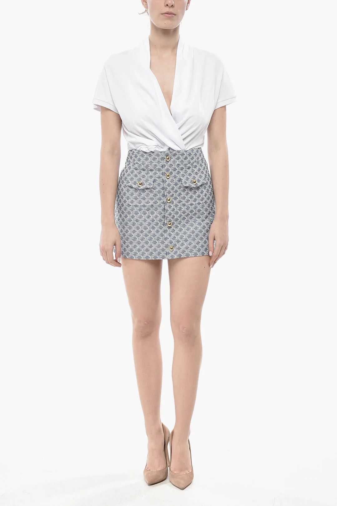 Celine og1mm0326 Cotton Jacquard A-Line Mini Skirt in Light Blue Size 26" / US 2 / IT 38 - 4 Thumbnail