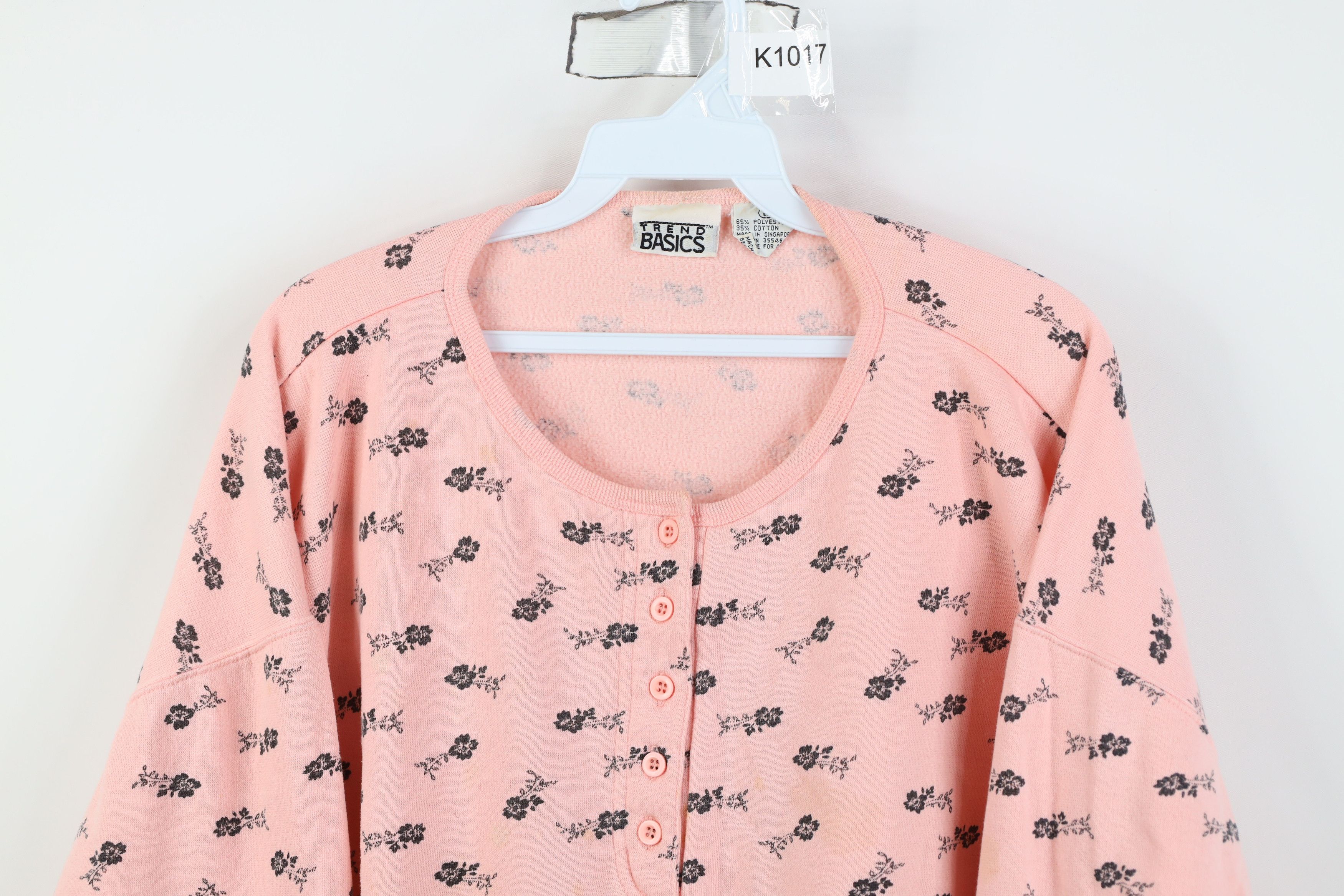 Vintage Vintage 90s Streetwear Flower Henley Sweatshirt Pink Size L / US 10 / IT 46 - 2 Thumbnail