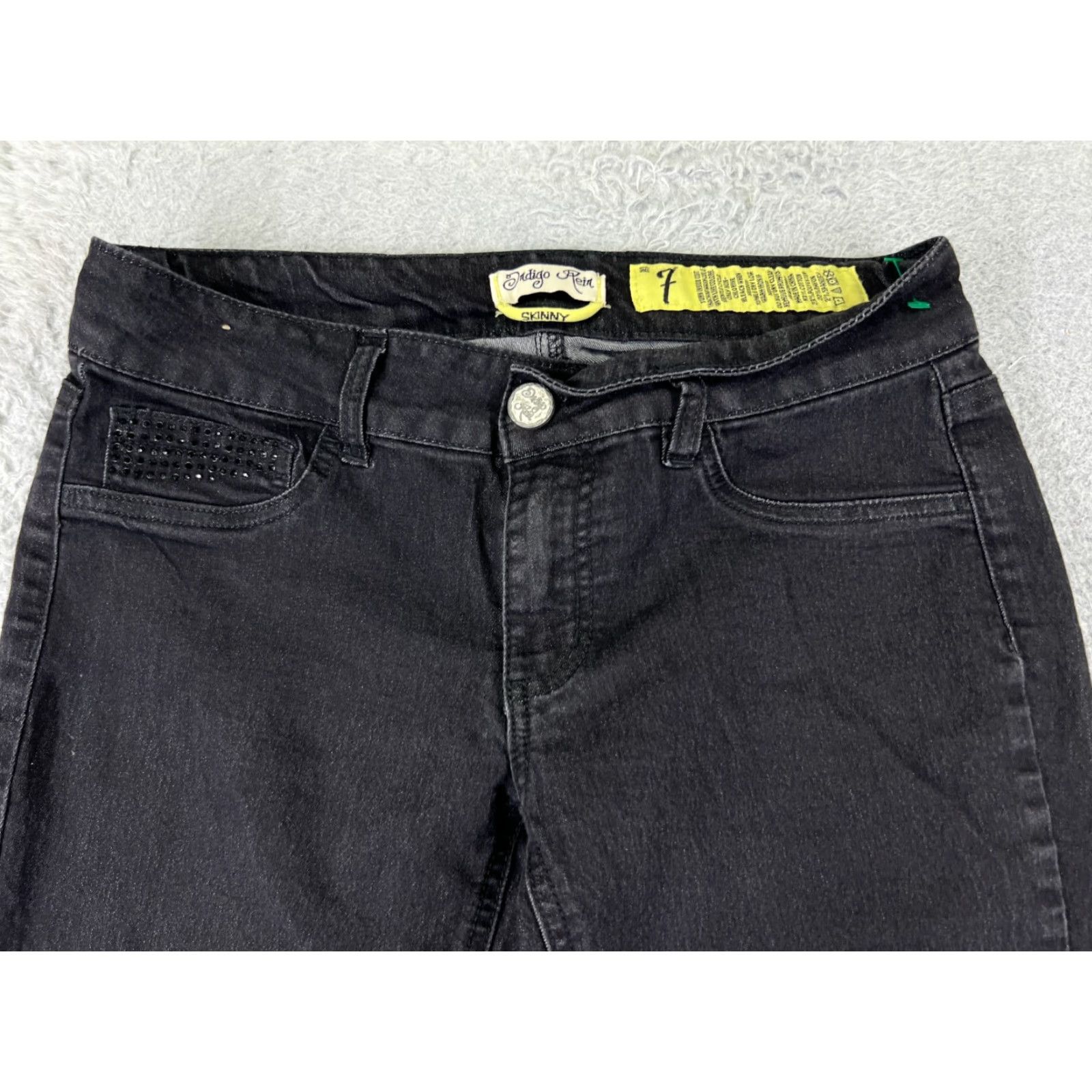 Denime VINTAGE Indigo Rein Jeans Womens 7 Black Denim Skinny Low Rise Rhinestone 27x29 Size 28" / US 6 / IT 42 - 4 Thumbnail