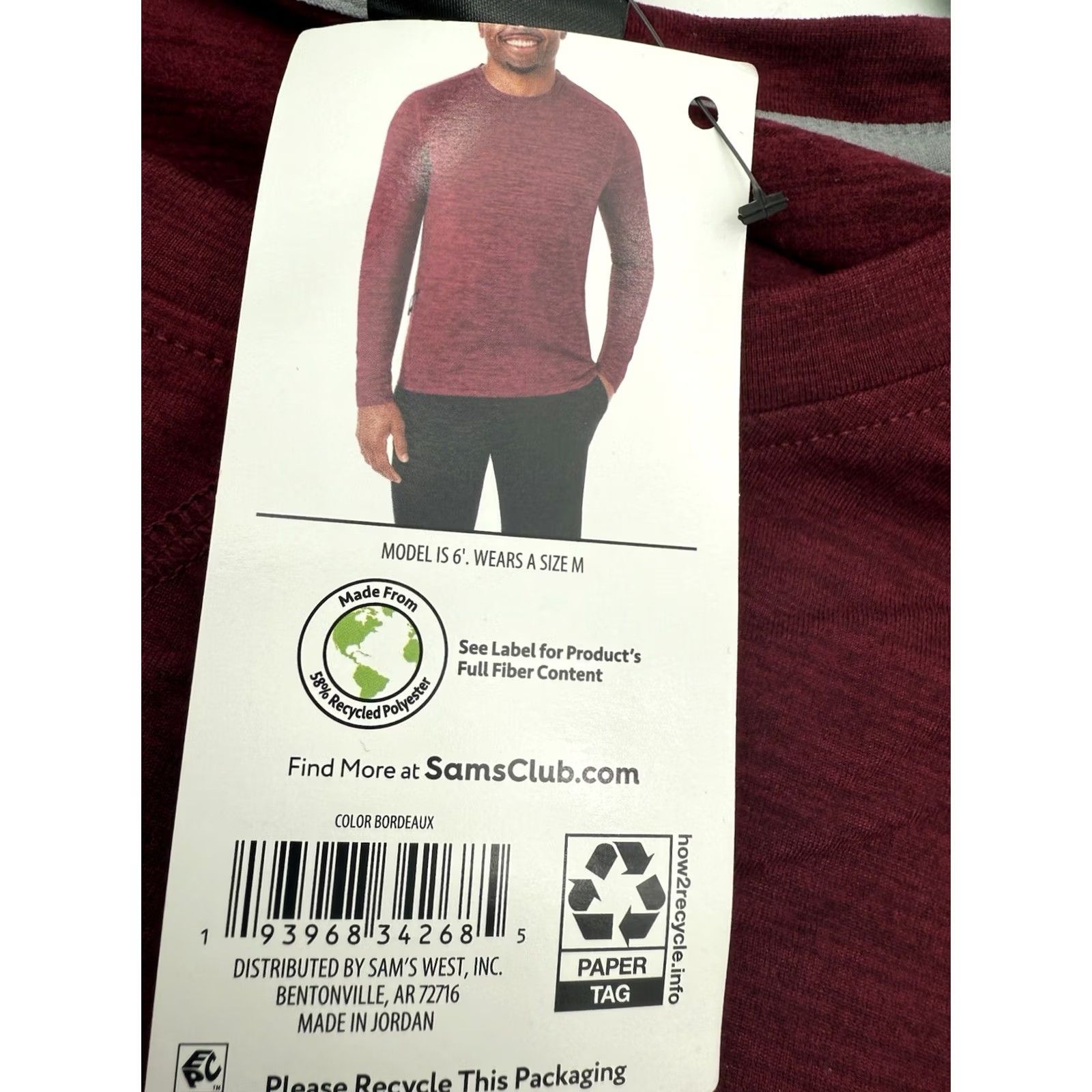 Vintage Member's Mark Men’s Long Sleeve Crew Neck T-Shirt Bordeaux/red wine 2XL Soft Brushed Fabric Stretch Tech Zip Pocket NWT Size US XXL / EU 58 / 5 - 7 Thumbnail
