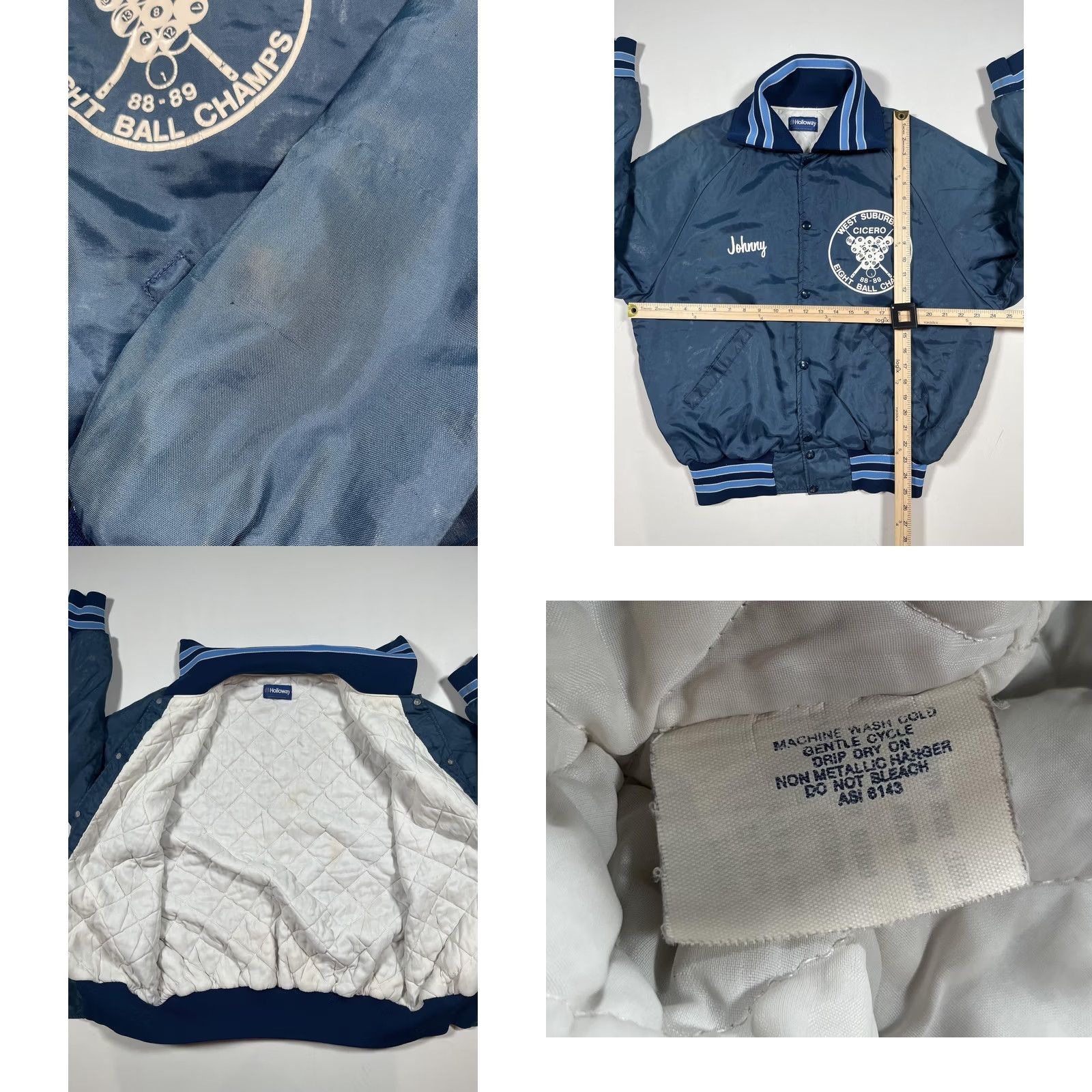 Holloway VINTAGE Holloway Jacket Mens L Blue Satin Varsity Eight Ball Champs 80s USA Nylon Quilted Lined Snap Front Sports Size US L / EU 52-54 / 3 - 8 Thumbnail