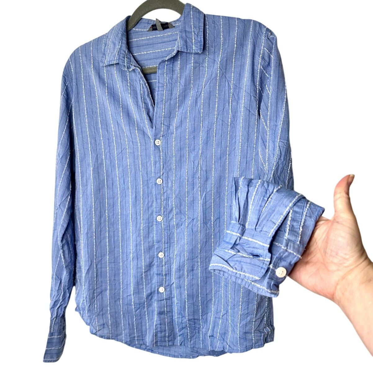 Other American Colors Blue White Fuzzy Stitch Stripe Button Shirt Size M / US 6-8 / IT 42-44 - 1 Thumbnail