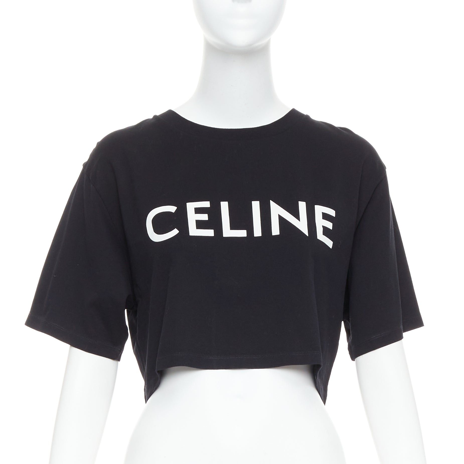 Celine CELINE black cotton white big logo crop casual crew neck tshirt S Size S / US 4 / IT 40 - 1 Thumbnail