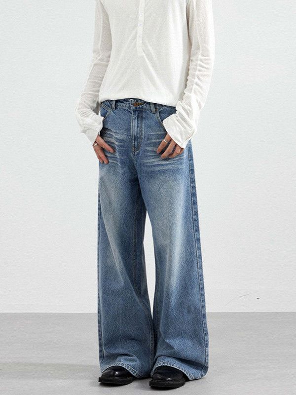 Japanese Brand Men's high street retro washed blue loose straight leg jeans Size US 32 / EU 48 - 2 Thumbnail