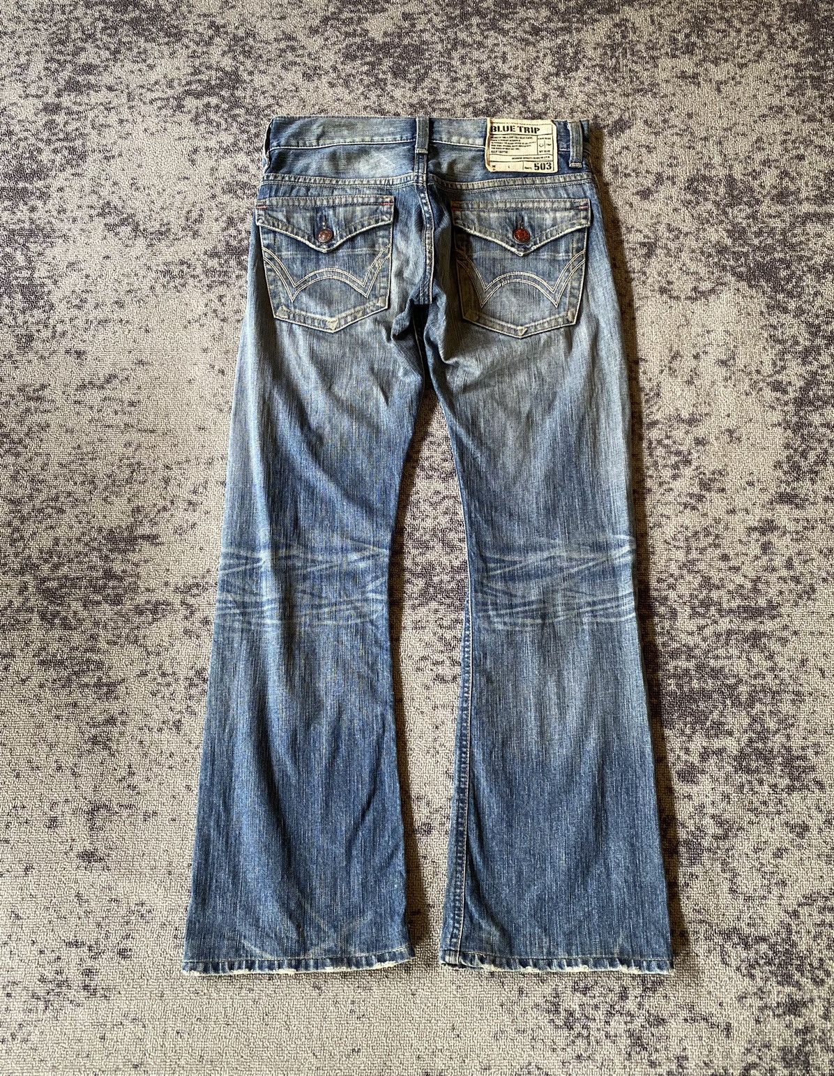 Y2k Edwin 503 blue trip distressed bootcut jeans