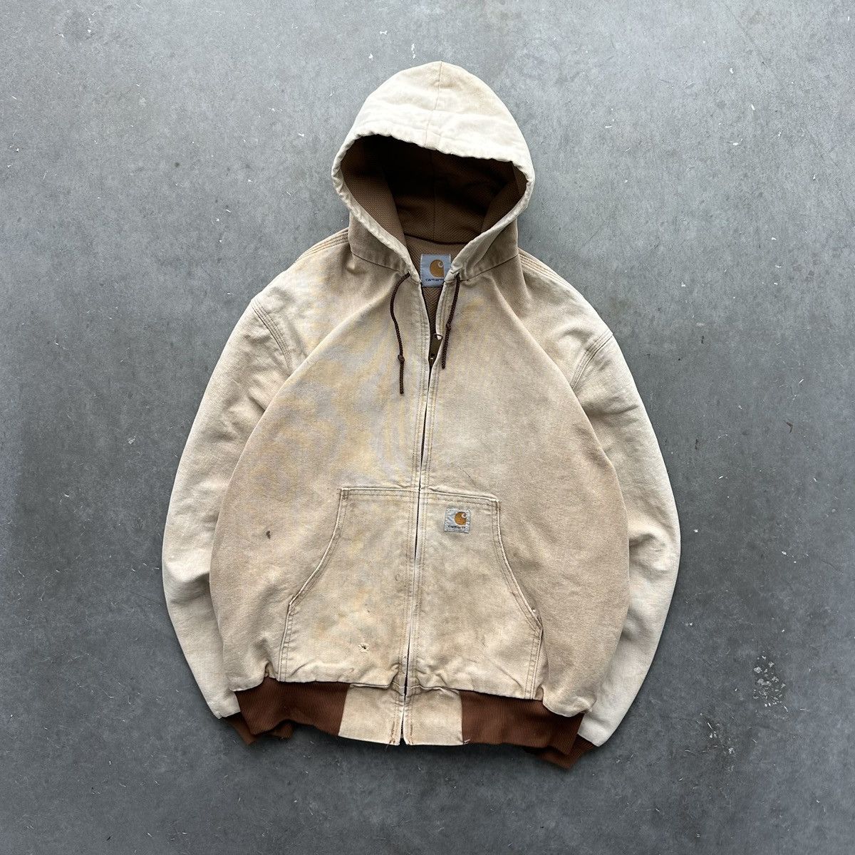 image of Avant Garde x Carhartt Crazy Vintage Carhartt Hooded Jacket Faded Distressed Grunge in Tan (Size Me