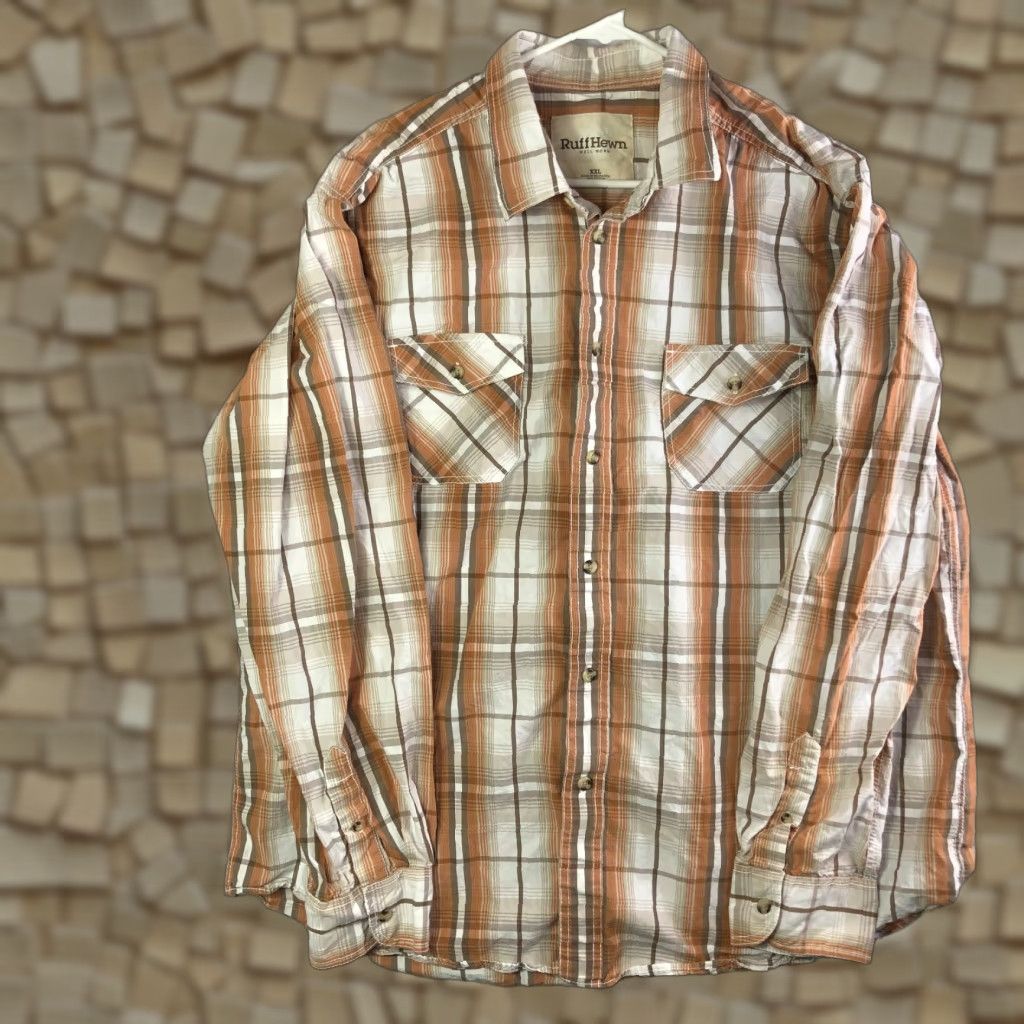 Vintage Ruff Hewn Well Worn Shirt Long Sleeve Button-Up Brown Plaid Point Collar Mens XXL Regular Cotton Vintage: No Size US XXL / EU 58 / 5 - 1 Thumbnail