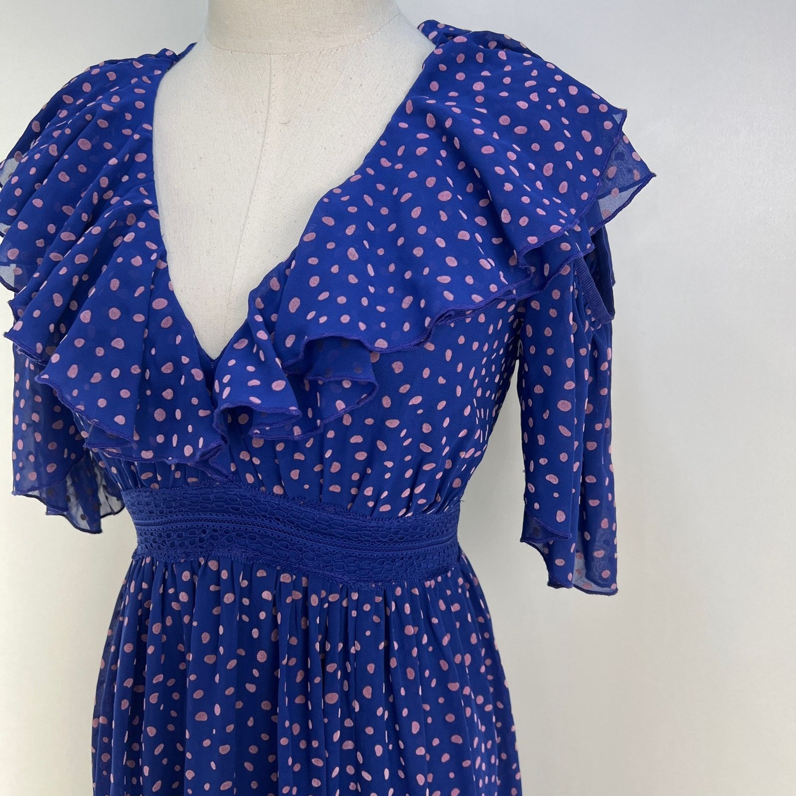 Other Three Floor Polka Dot Ada Dress Blue Ruffles V Neck Midi Size S / US 4 / IT 40 - 6 Thumbnail