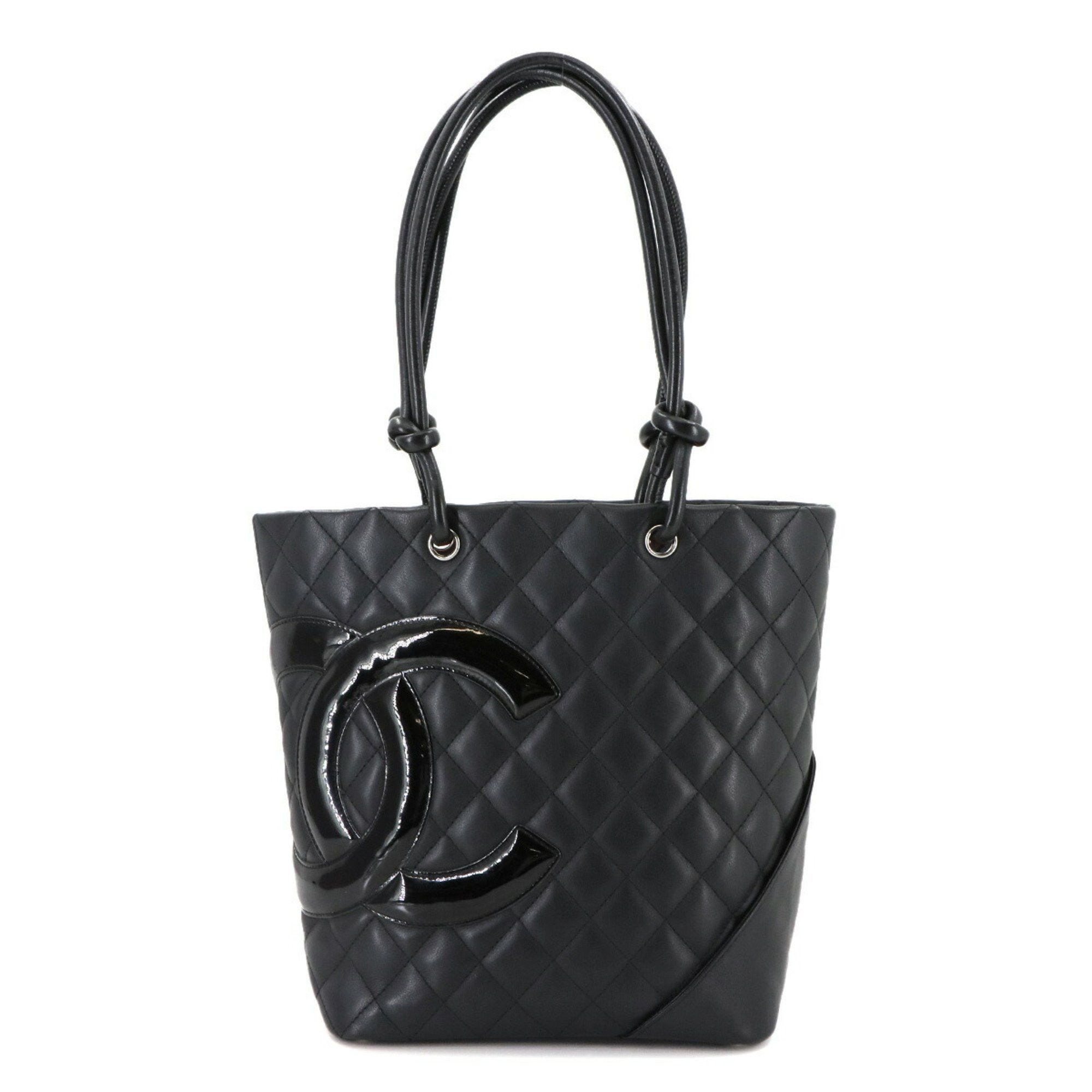 Chanel Cambon Line Medium Tote Bag Leather Enamel Black A25167 Silver Hardware, Women's