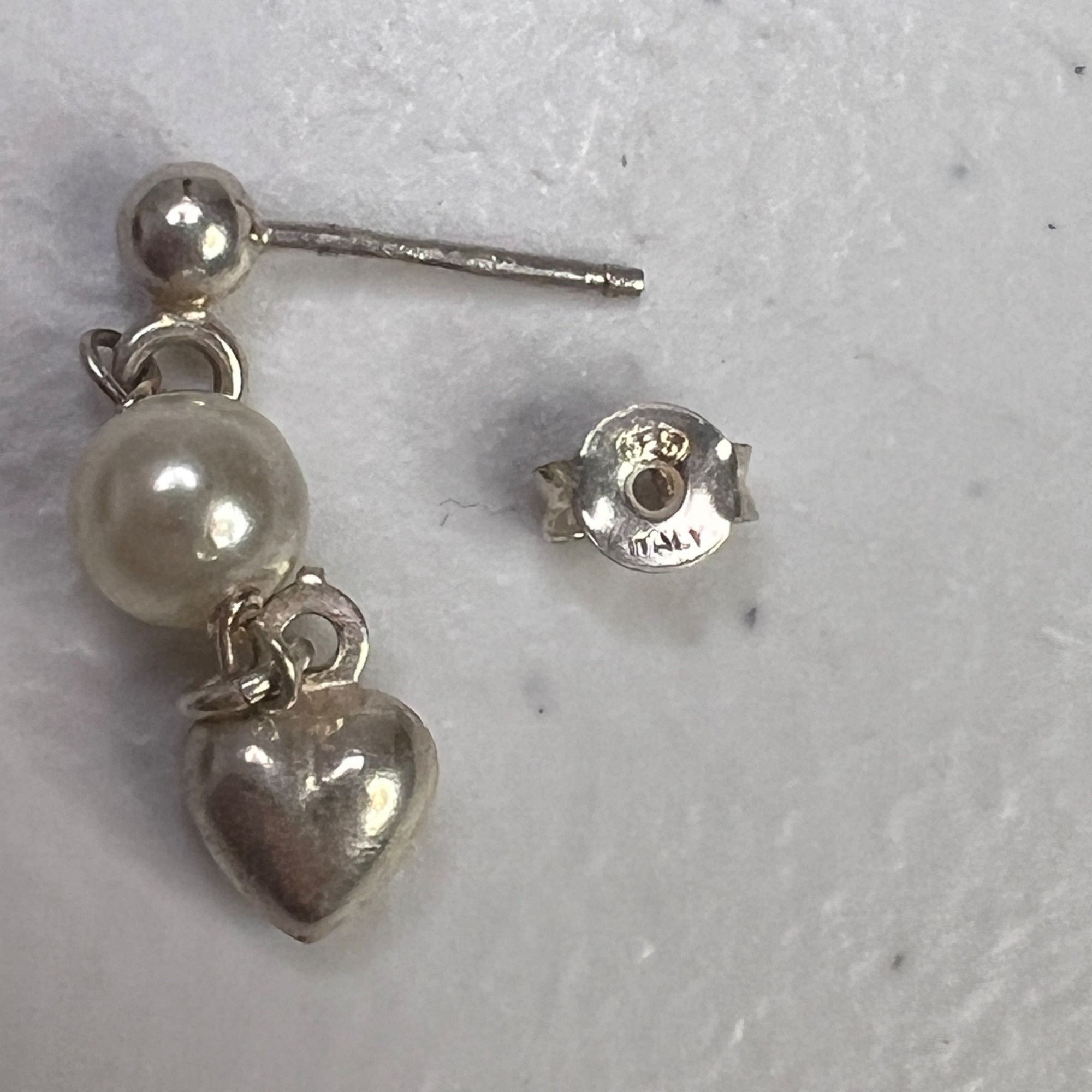 Designer Sterling Silver Drop Earrings With Heart Charms & Faux Pearl Size ONE SIZE - 7 Thumbnail