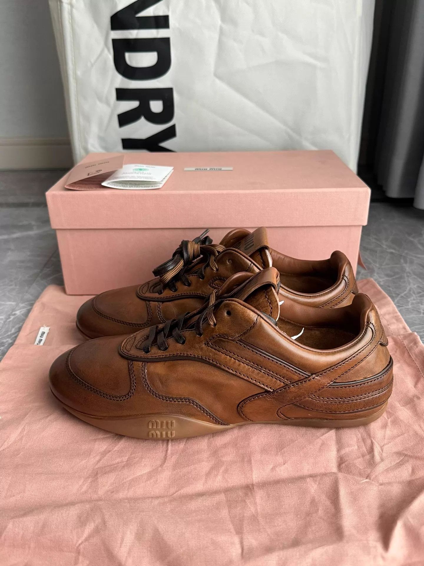 Miu Miu Miu Miu 25FW Gym Leather Double Laces Brown Flat 36 Size US 5.5 / IT 35.5 - 1 Thumbnail