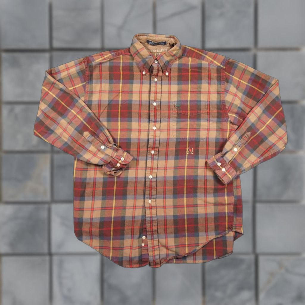 Tommy Hilfiger VINTAGE Tommy Hilfiger Button-Up Shirt Mens Medium Brown Long Sleeve Crest Logo 90s Size US M / EU 48-50 / 2 - 1 Thumbnail