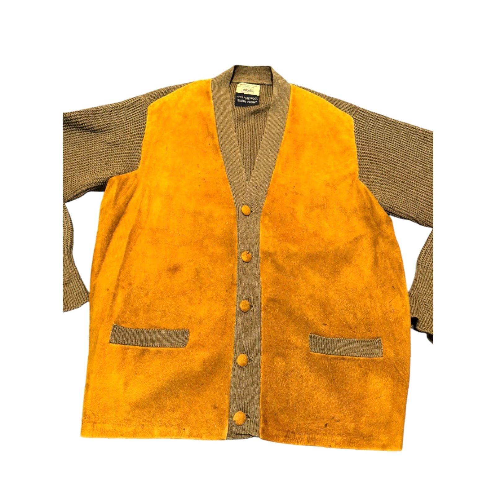 Vintage VINTAGE Wallachs 60's Suede Front Cardigan Sweater 100% Pure Wool Made in England Mens L Brown Knit Size L Size US L / EU 52-54 / 3 - 4 Thumbnail
