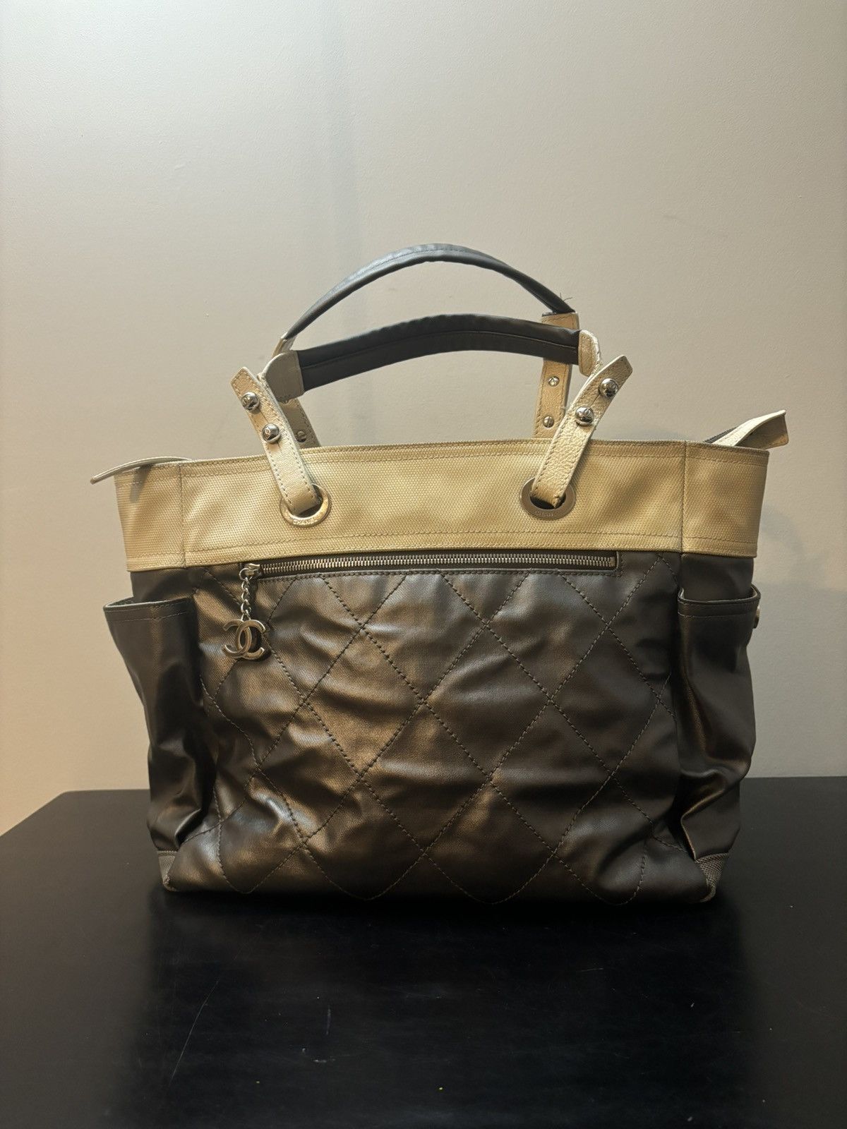 Chanel Paris Biarritz Hobo Tote Bag Grey Beige Silver