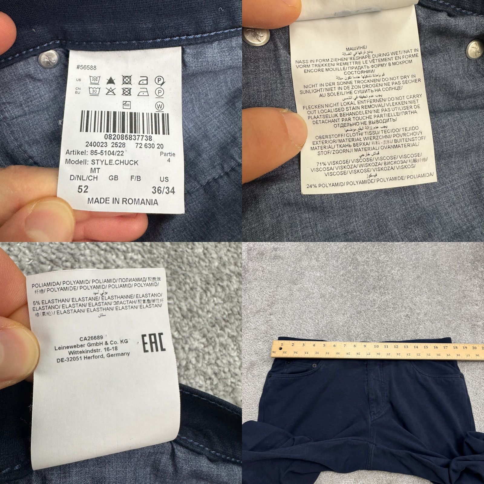 BRAX Brax Hi-Flex Chuck Soft Chino Pants Mens 36x34 Navy Blue Straight Leg Stretch Regular 5-Pocket Design Mens Size US 36 / EU 52 - 9 Thumbnail