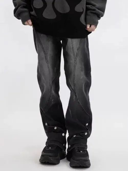 VIBE Black heavyweight micro-flare buttoned wide-leg jeans Size US 32 / EU 48 - 1 Thumbnail