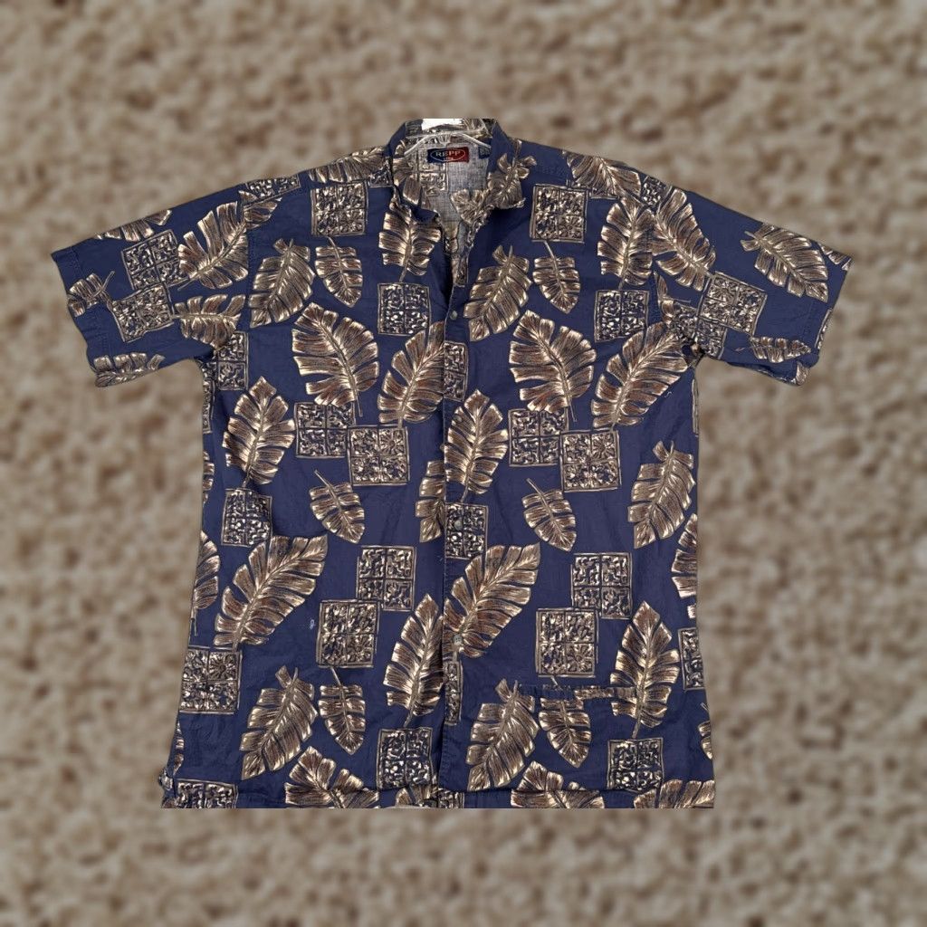 Vintage Repp Ltd Shirt Adult 2XL Blue Beige Floral Palm Tile Button Hawaiian Cotton Size US XXL / EU 58 / 5 - 1 Thumbnail