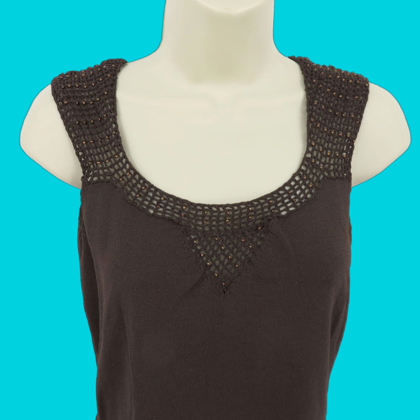 Vintage VINTAGE Nine & Company Women Tank Top Shirt Beaded Crochet Sleeveless M Brown 90s 1990s Vintage Shirt Tank Womens M Brown Beaded Crochet 90s Size M / US 6-8 / IT 42-44 - 1 Thumbnail