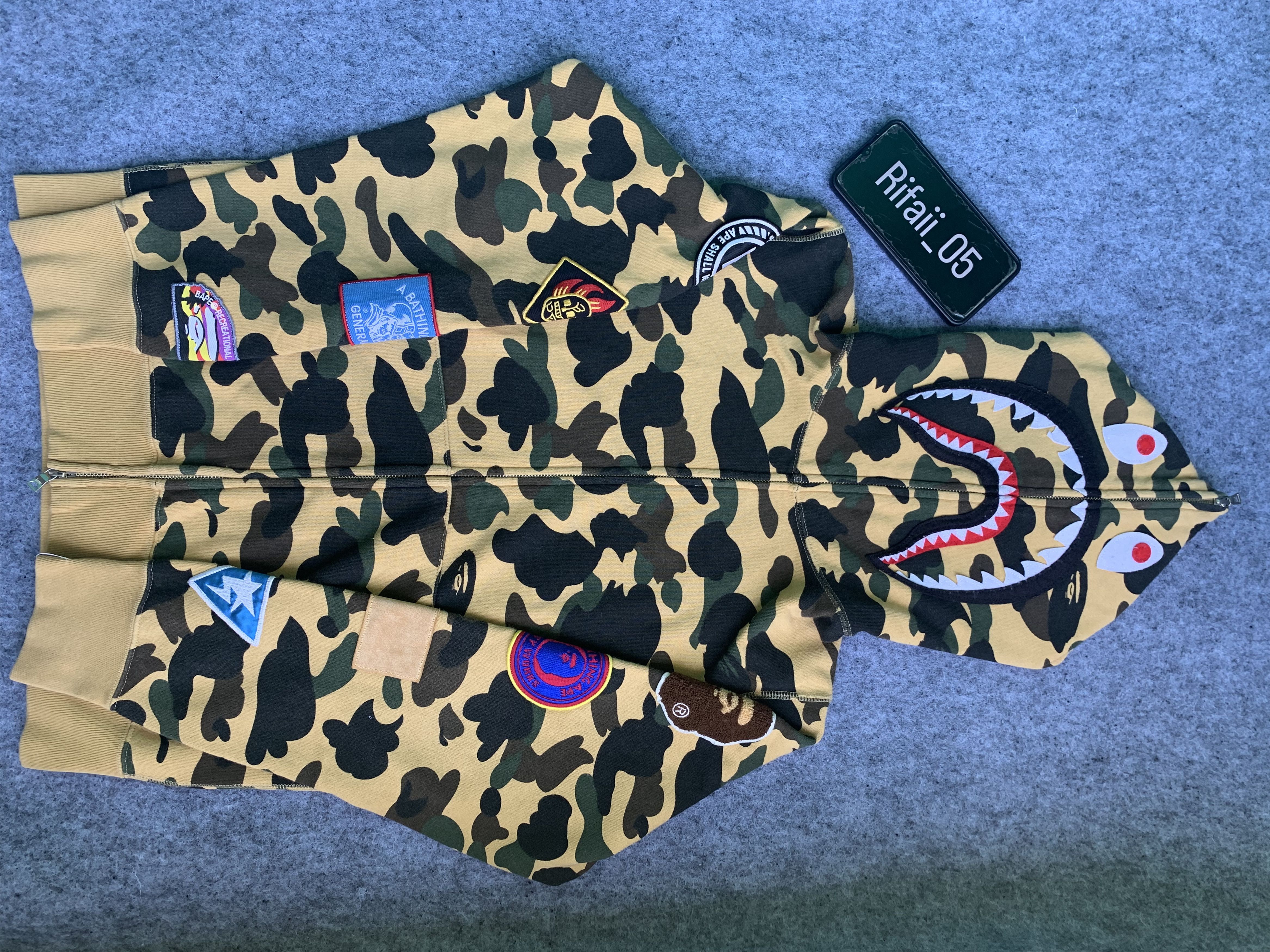 image of Bape 1St Camo Patched Shark Full Zip Hoodie in Yellow, Men's (Size Medium)