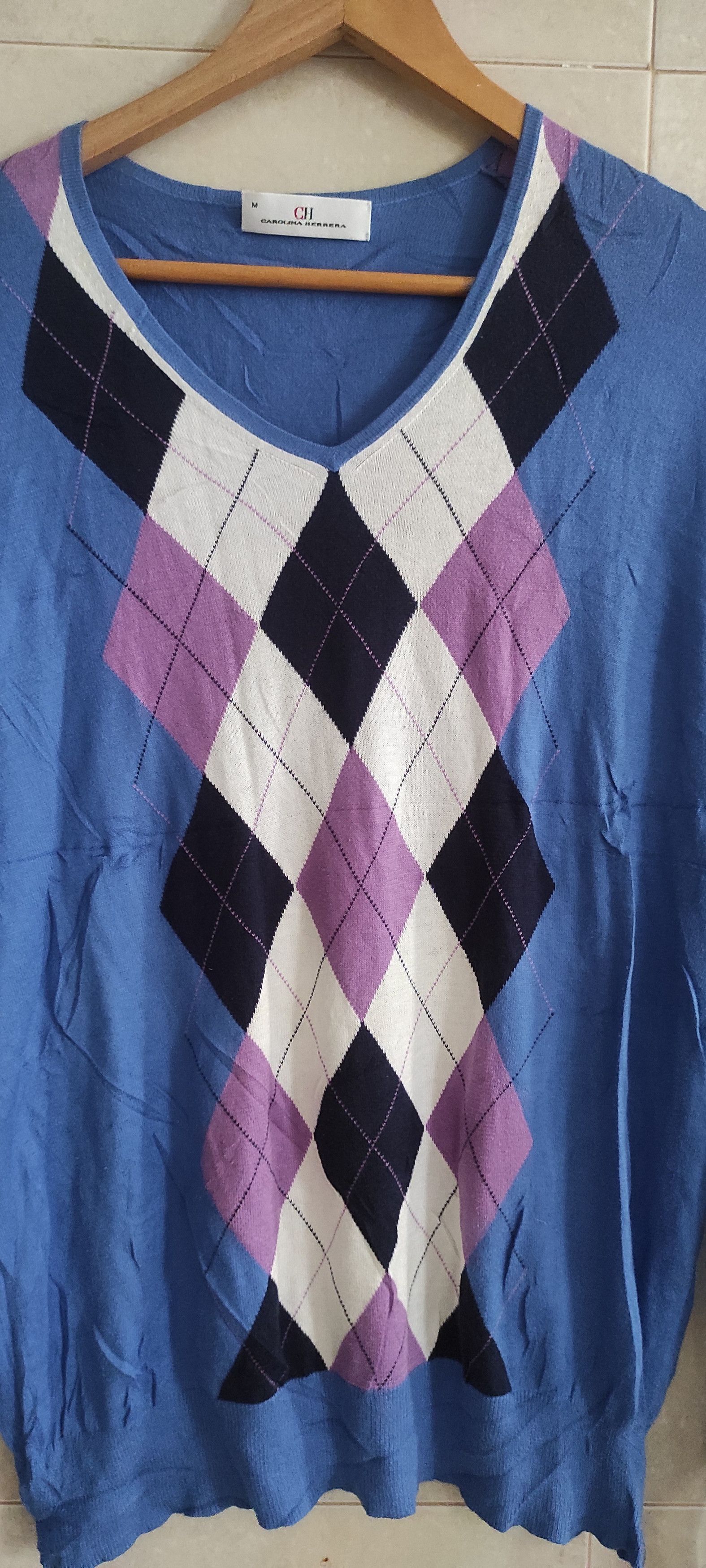 Carolina Herrera Carolina Herrera V Neck Ribbed Knit Slim Fit Argyle Pullover Size US M / EU 48-50 / 2 - 6 Thumbnail