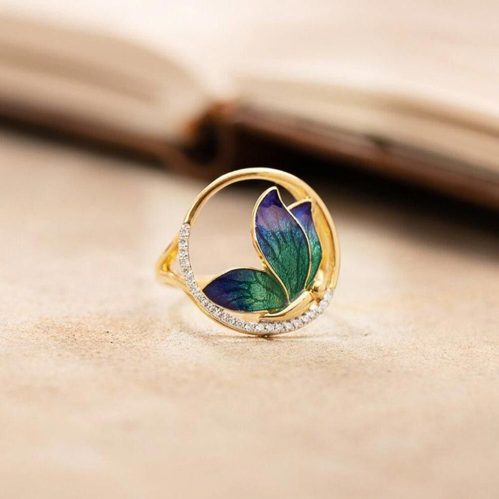 Designer Handmade Blue Epoxy Butterfly Gold Enamel Ring - Size 7 Size ONE SIZE - 2 Thumbnail