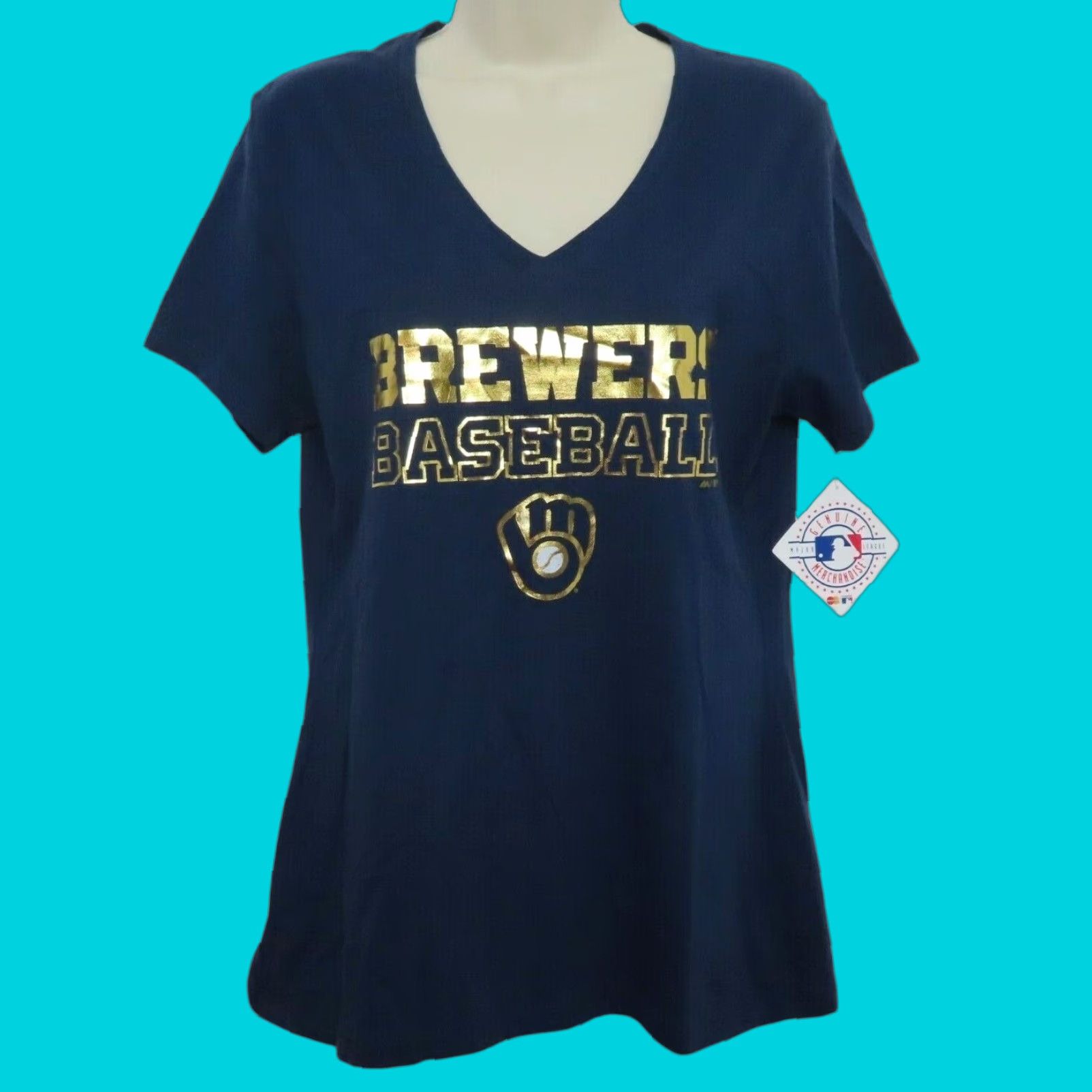 Vintage Majestic Milwaukee Brewers V Neck Tee T Shirt NEW Women Large Blue Sleeve Short T Shirt Baseball Basic V-Neck Size L / US 10 / IT 46 - 1 Thumbnail