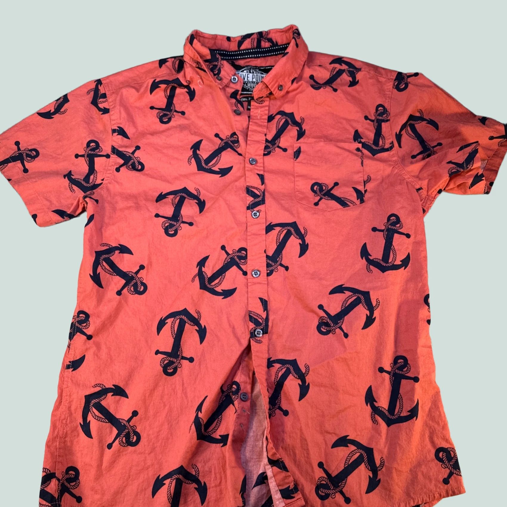 Etro VINTAGE FIVE POINTS Anchor Button Shirt Mens L Short Sleeve Red-Orange Slim Fit Retro Size US L / EU 52-54 / 3 - 1 Thumbnail