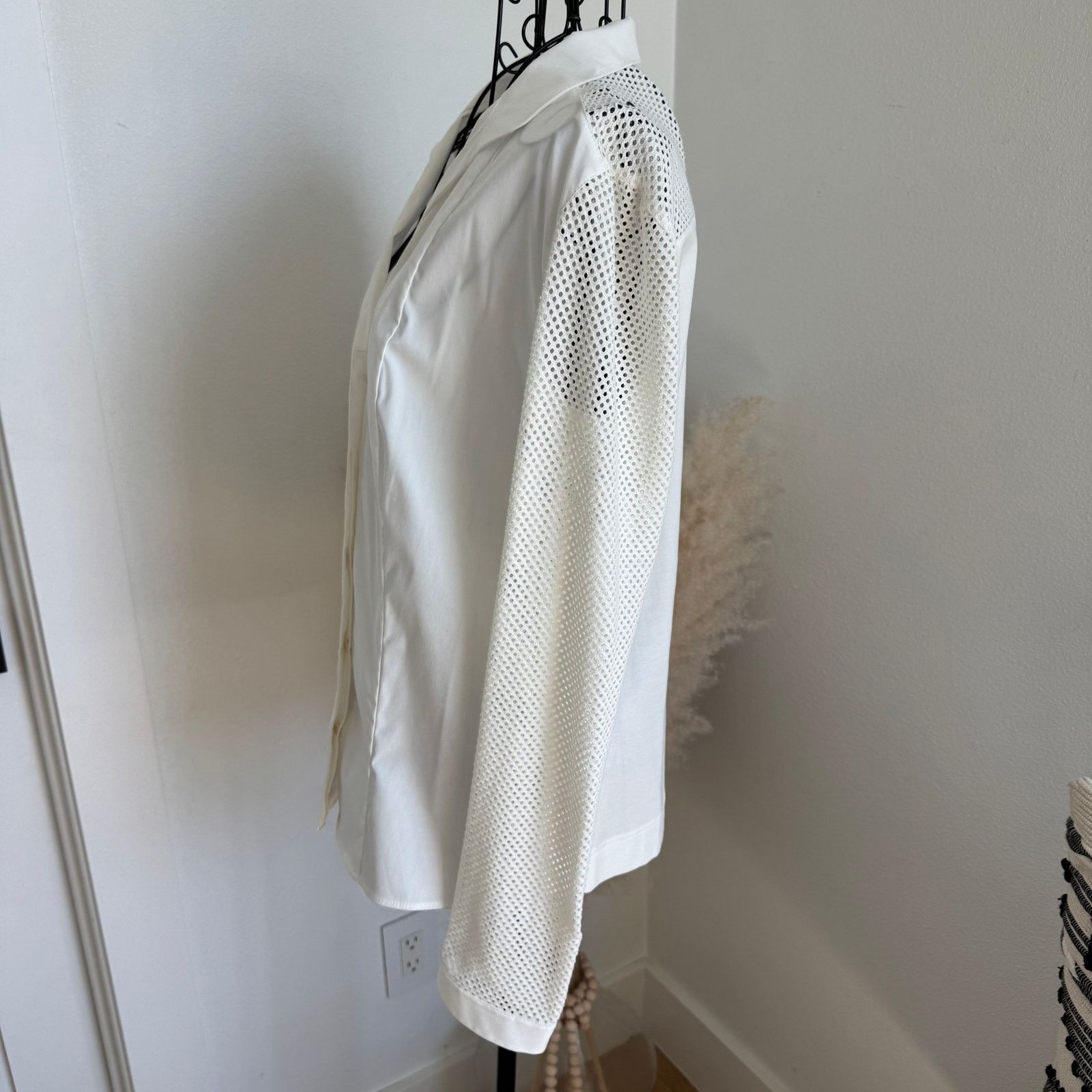 Akris Akris Punto White V-Neck Mesh Sleeve Button-Up Blouse Size L / US 10 / IT 46 - 2 Thumbnail