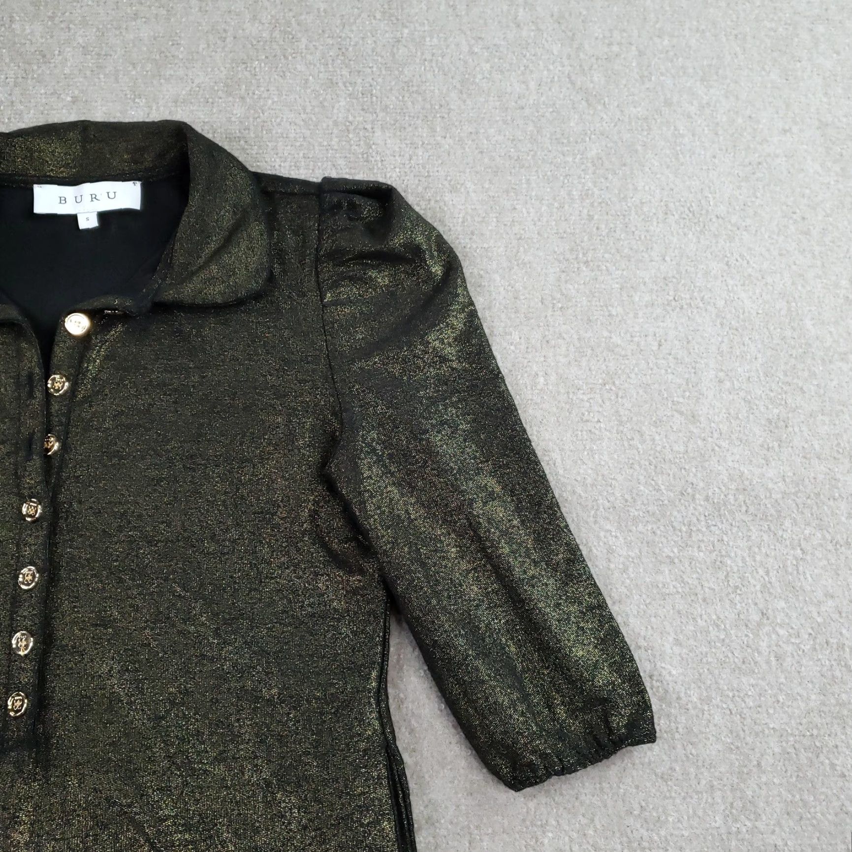 Vintage Buru Dress Womens Small Gold Metallic Knit Puff Sleeve Collared Shift Party Size S / US 4 / IT 40 - 7 Thumbnail