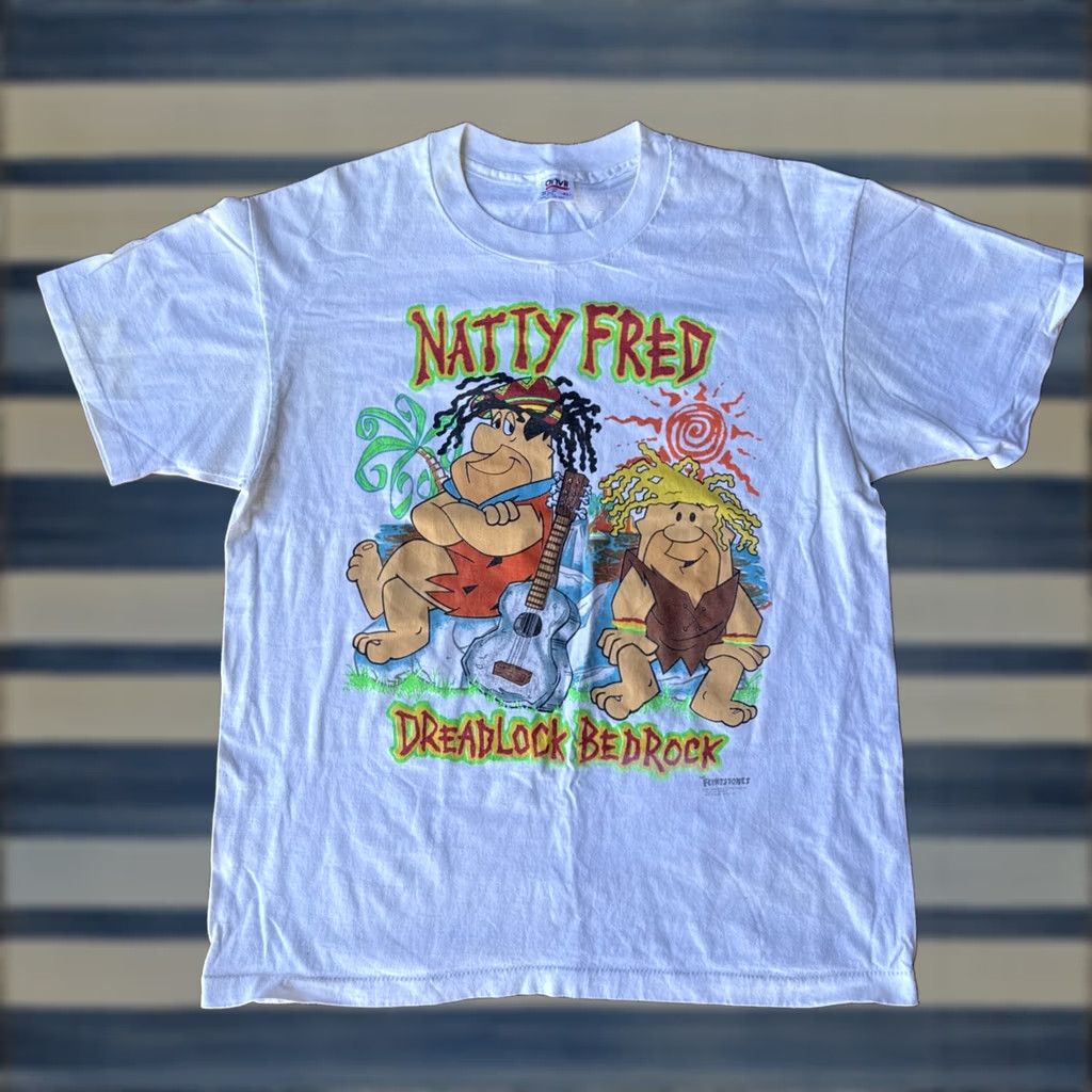 FRED VINTAGE Flintstones T-Shirt XL White Cotton Graphic Print Crew Neck Men 1993 Fred Dreadlock Bed Rock Hip Hop Cartoon Size US XL / EU 56 / 4 - 1 Thumbnail