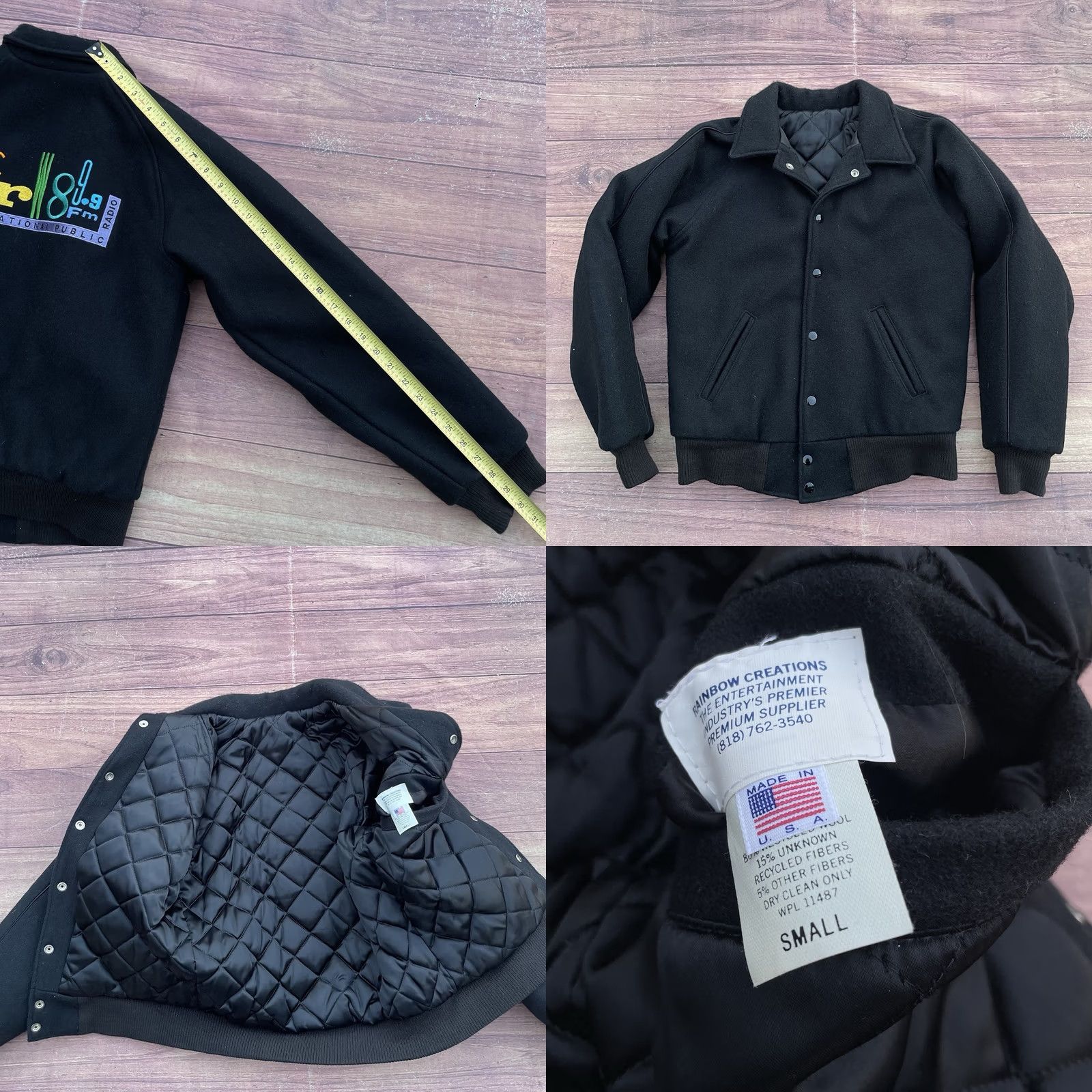 Vintage VINTAGE Rainbow Creations KCRW 89.9 FM Varsity Jacket Sz S Black Wool Blend Mid-Length Button Pockets Embroidered Quilted Limited Edition 90s Mens Size US S / EU 44-46 / 1 - 8 Thumbnail