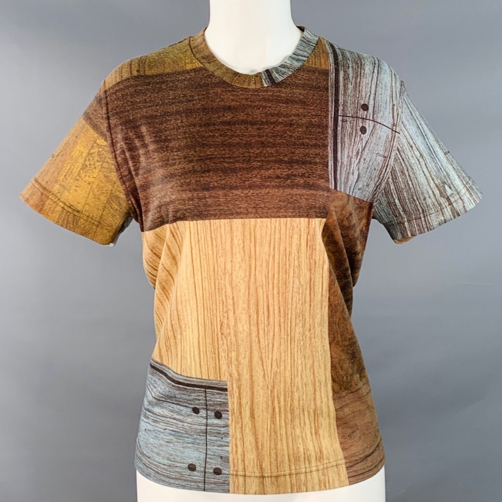 Todd Oldham 1980s M Brown Blue Polyester Patchwork Wood Grain T-Shirt Size M / US 6-8 / IT 42-44 - 1 Thumbnail