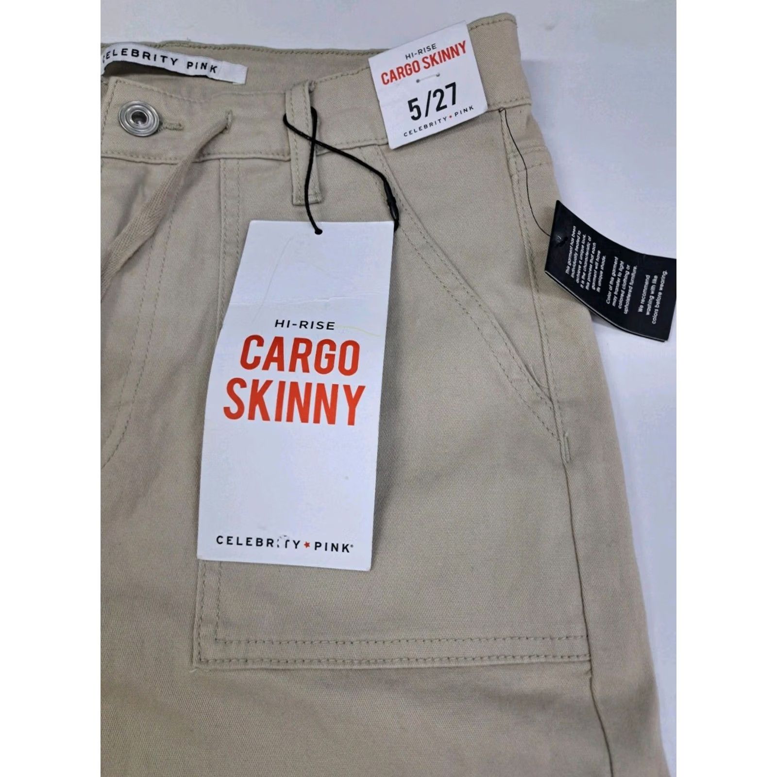 Vintage Celebrity Pink Womens Hi Rise Skinny Cargo Pant Beige 5/27 Size 5 Inseam 27 Denim Cotton Spandex Cargo Pocket Logo Zipper Button Slim Fit Size 27" / US 4 / IT 40 - 4 Thumbnail