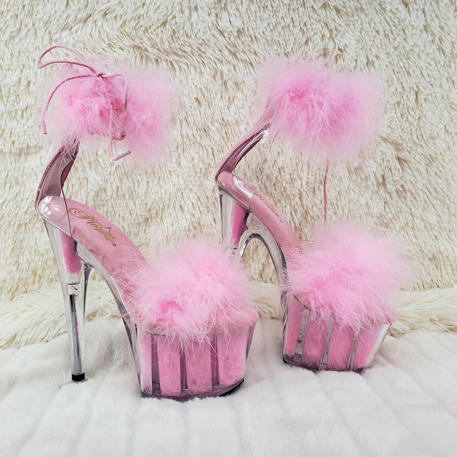 Other Adore 724 Baby Pink Marabou Platform Shoes Sandals 7" High H Size US 6 / IT 36 - 2 Thumbnail