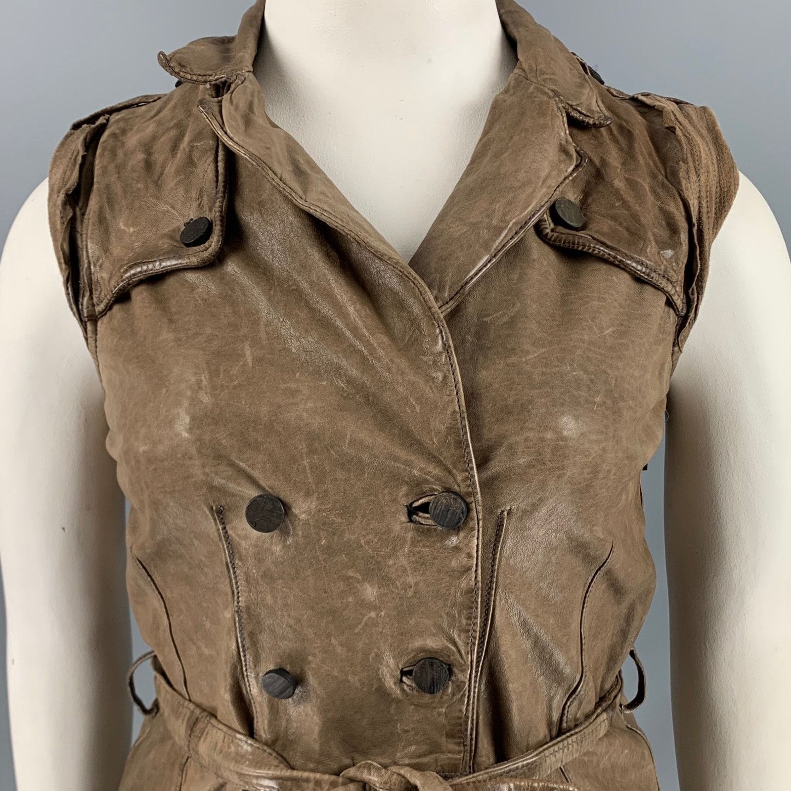 Giorgio Brato GIORGIO BRATO 10 Brown Taupe Leather Distressed Belted Vest Size L / US 10 / IT 46 - 2 Thumbnail