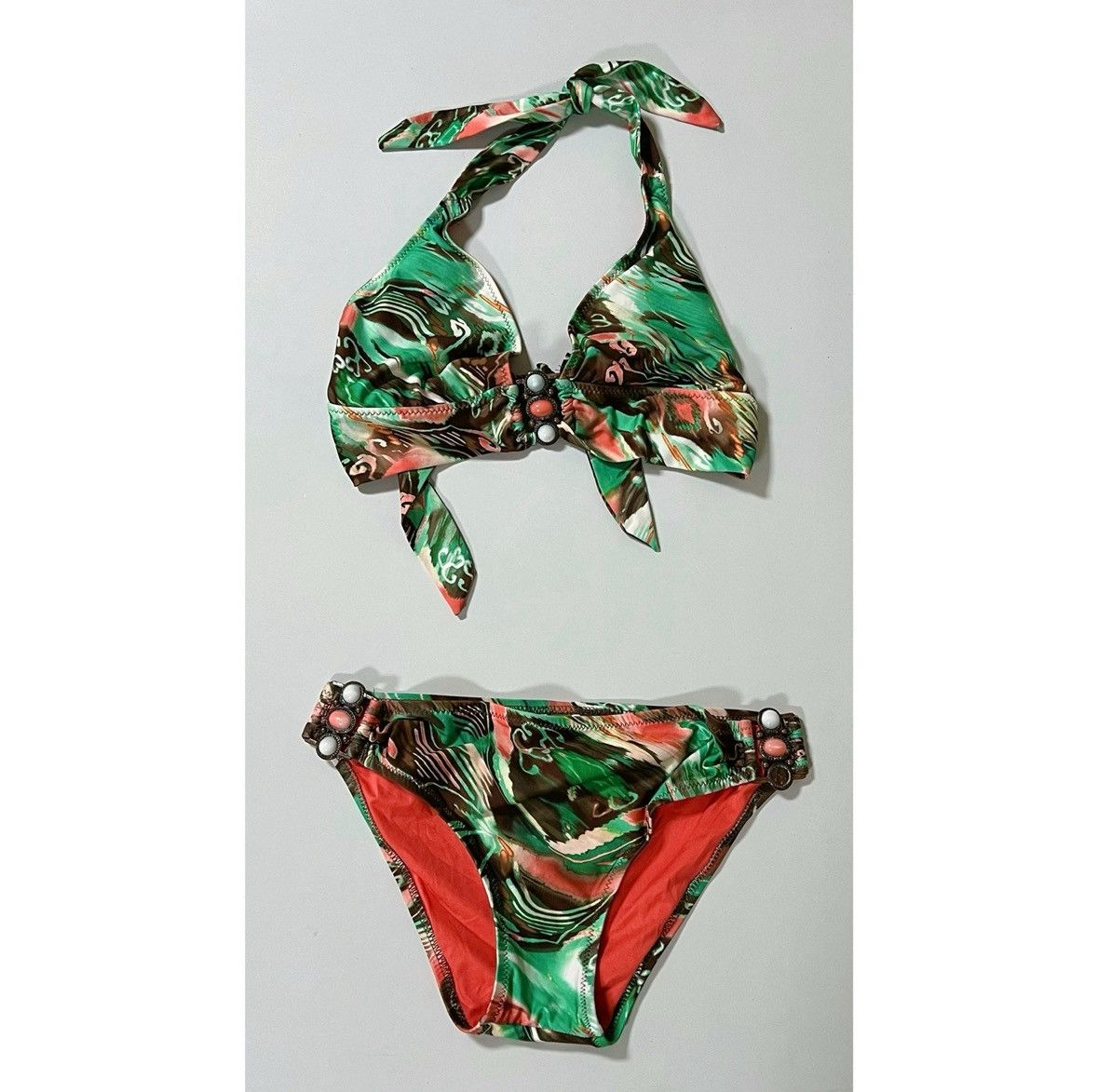 Other Green Brown Patterned Bikini Top (L) and Bottoms (S) Set 🤎✨ Size L / US 10 / IT 46 - 1 Thumbnail