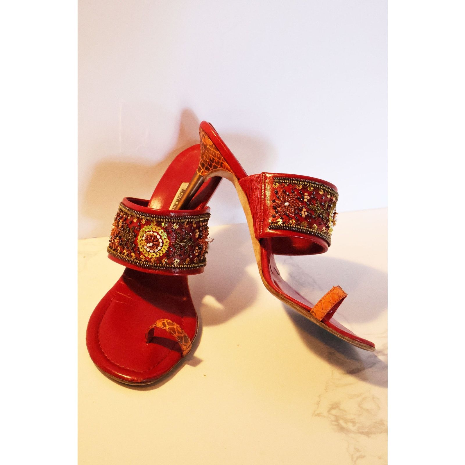 Manolo Blahnik Vintage Manolo Blahnik Red + Orange Snakeskin Rapis Sandal Size US 7.5 / IT 37.5 - 4 Thumbnail
