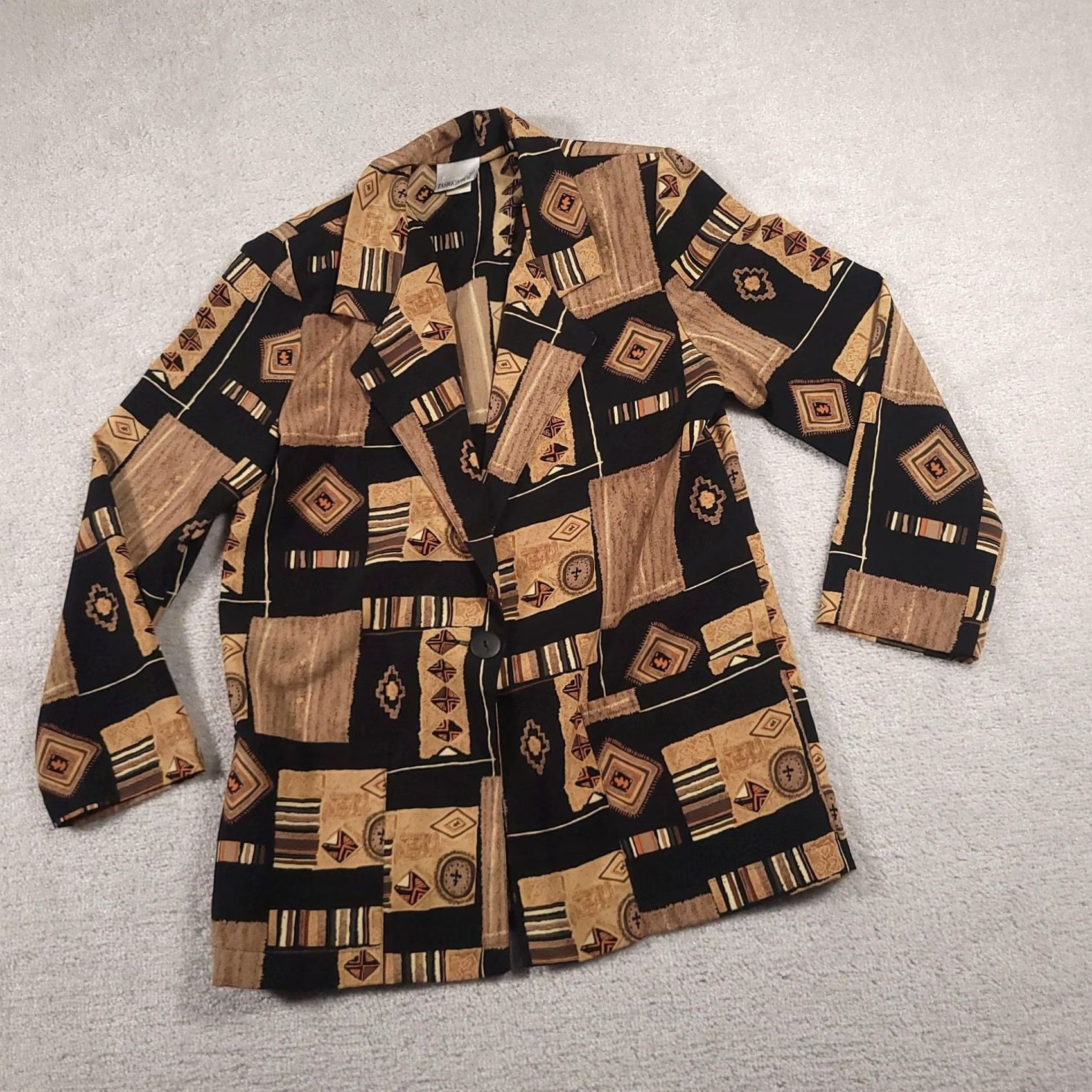Vintage VINTAGE Fashion Bug Blazer Womens Small Black Tan Geometric Patchwork 90s Jacket Size S / US 4 / IT 40 - 2 Thumbnail