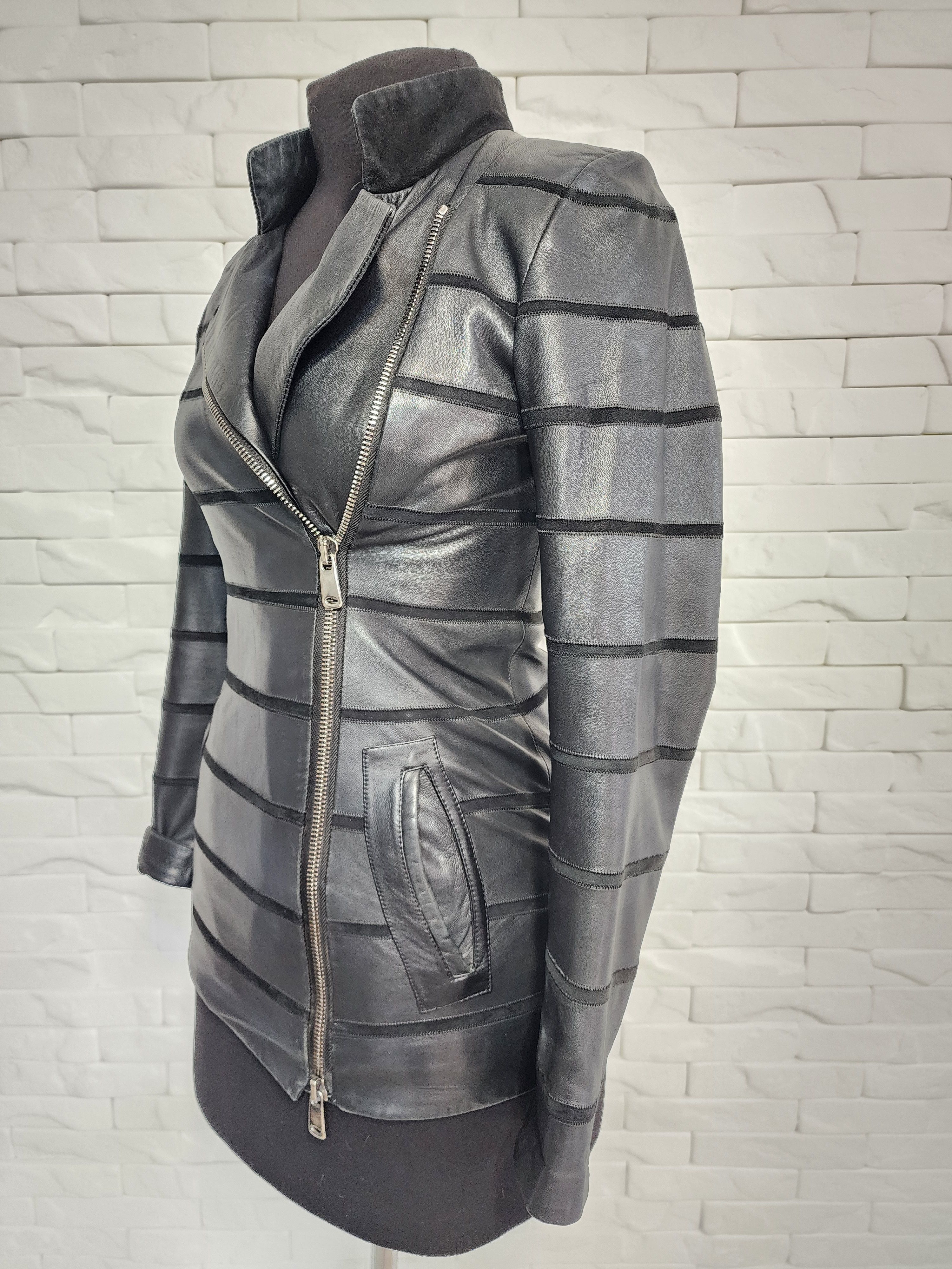 Designer Black Women's Leather Jacket: Striped Top, Zippered Size S / US 4 / IT 40 - 2 Thumbnail