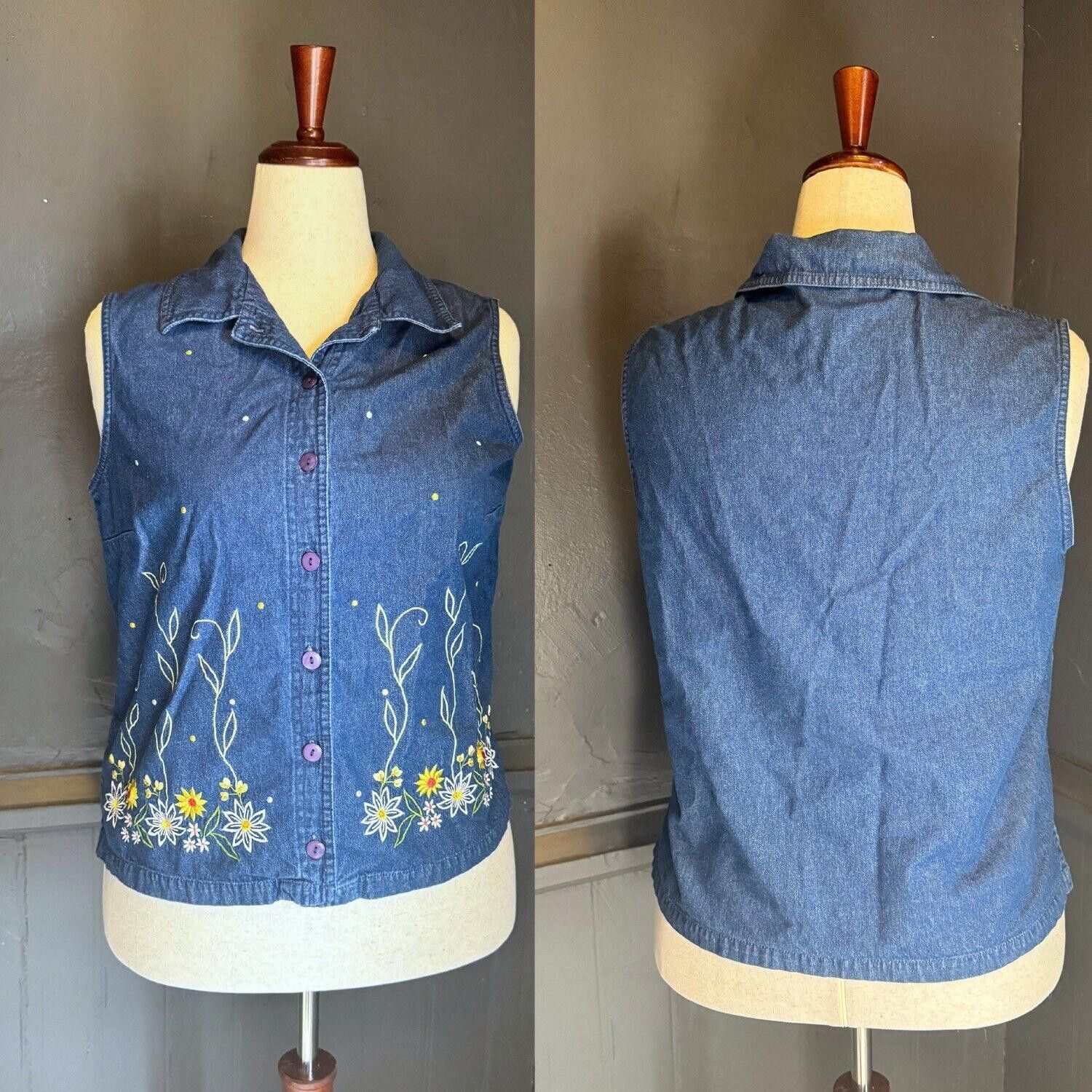 Designer Allison Daley 14P Denim Shirt Embroidered Flowers 90s Size XL / US 12-14 / IT 48-50 - 5 Thumbnail