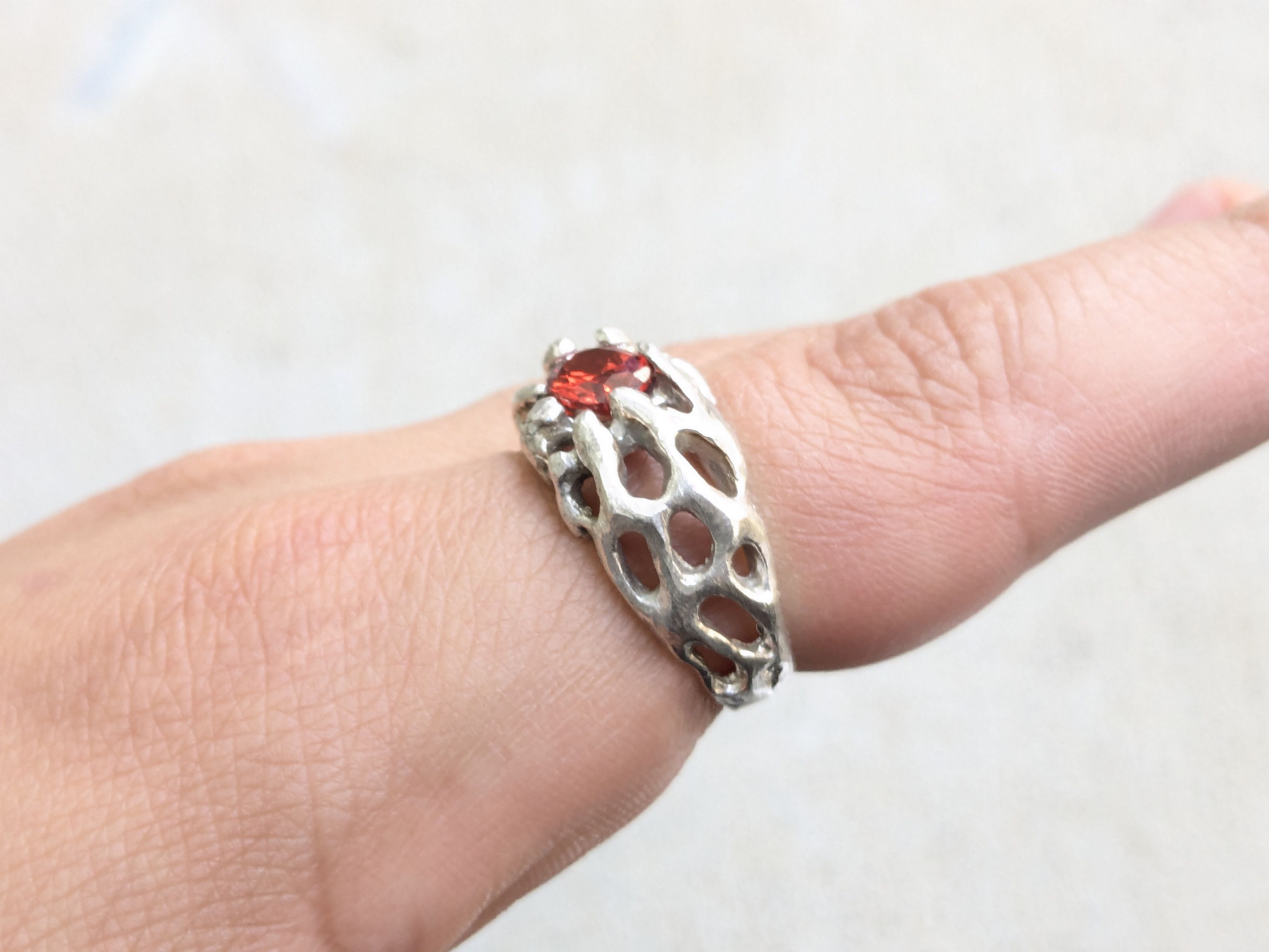 Sterling Silver Vintage Sterling Silver Ring Red Garnet Brutalist Modern Size ONE SIZE - 12 Thumbnail