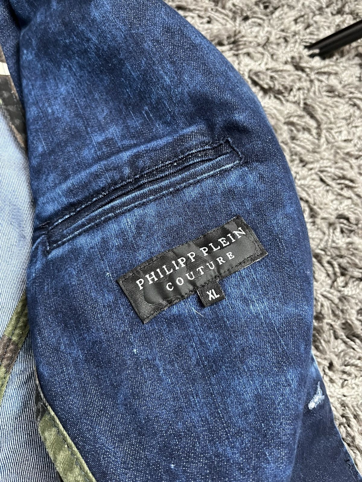 Philipp Plein Philipp Plein Distressed Denim Blazer with Camo Details Size 44S - 14 Thumbnail