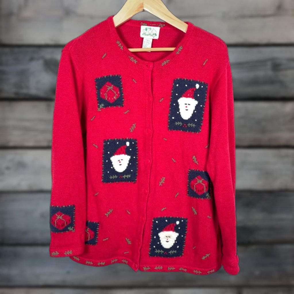 Quacker Factory Quacker Factory Cardigan Santa Claus Christmas Cotton Knit Large Red Women's Size L / US 10 / IT 46 - 1 Thumbnail