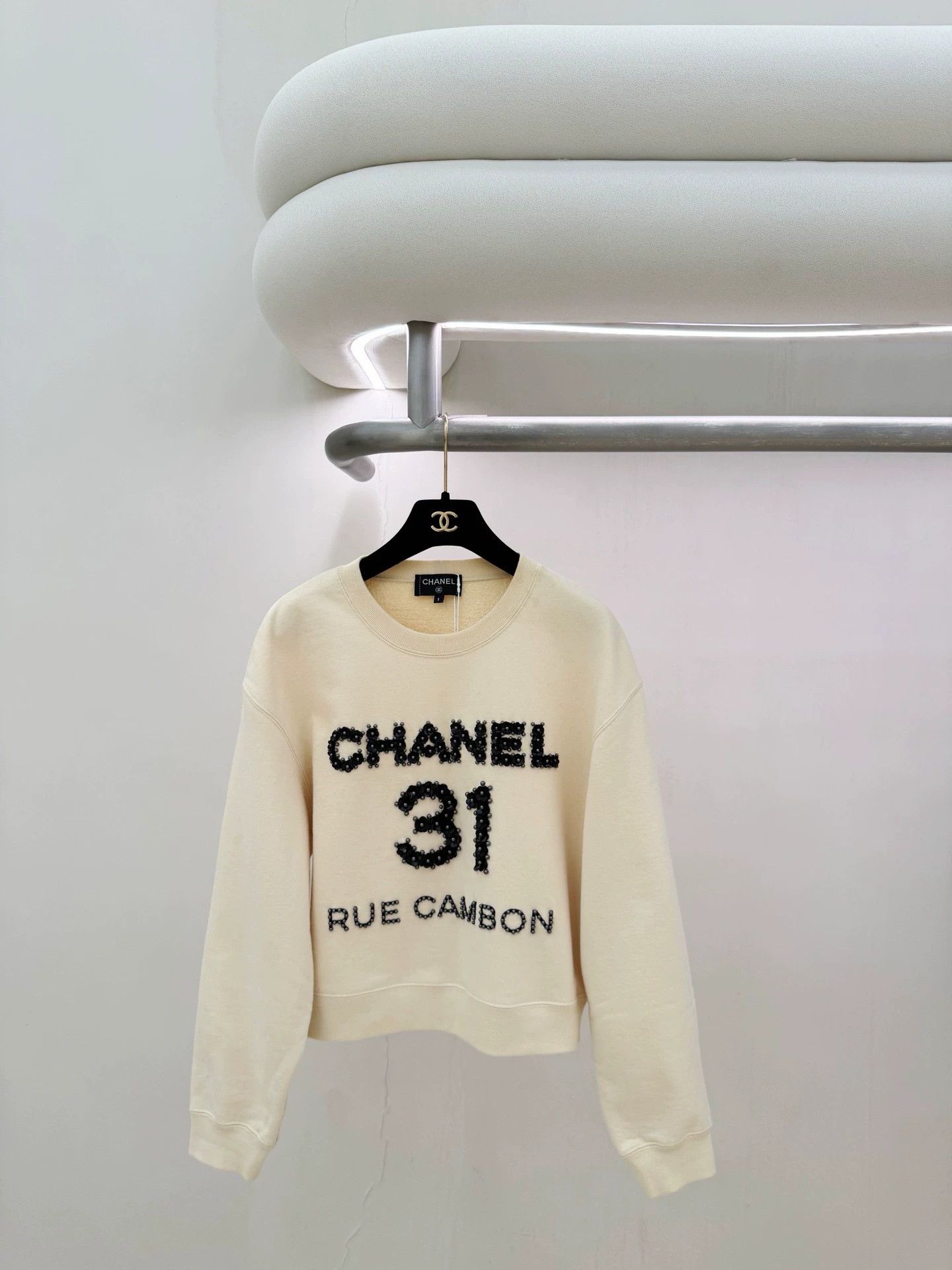 Chanel Chanel beige beaded sweatshirt S size collar & sleeve stains Size S / US 4 / IT 40 - 1 Thumbnail