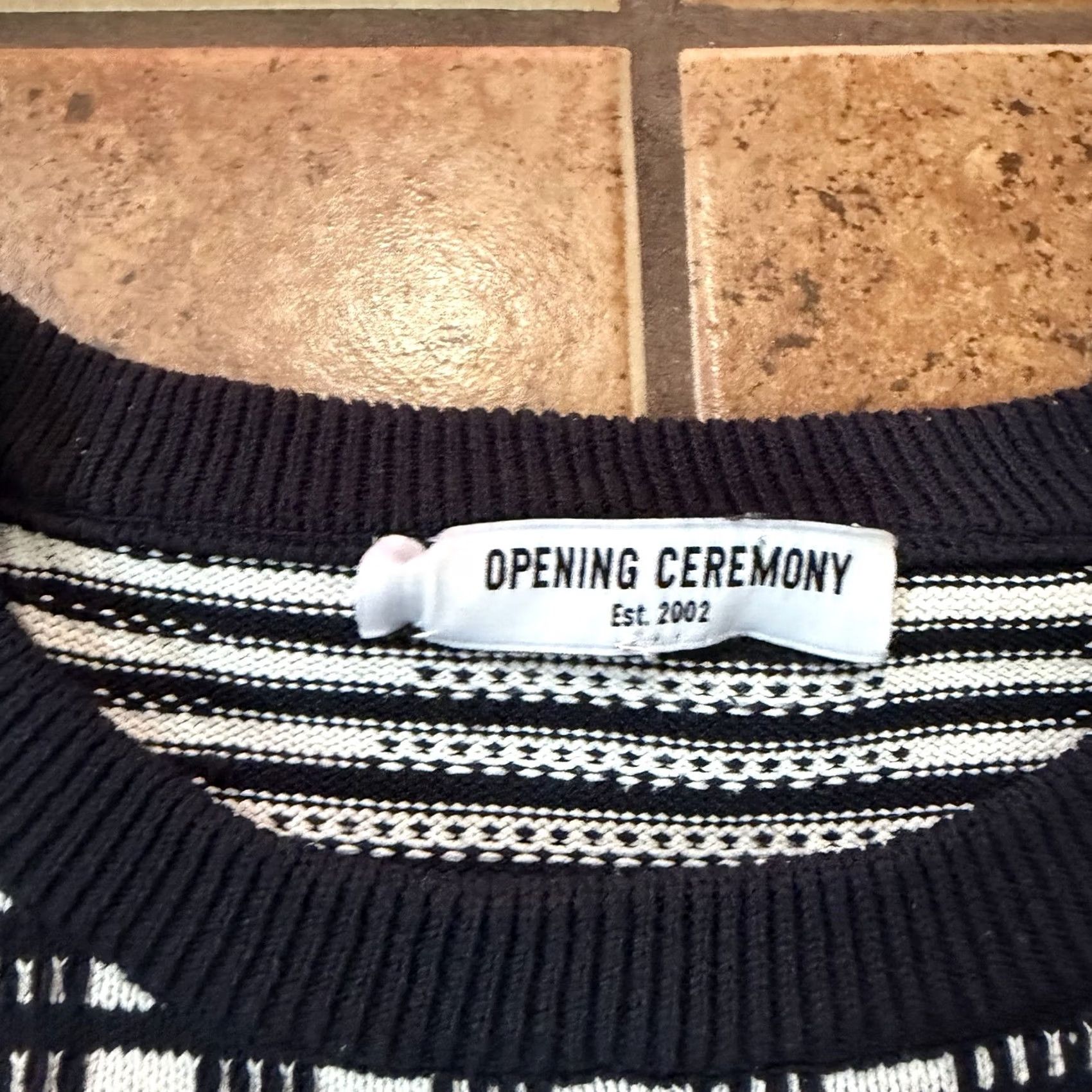 Opening Ceremony OPENING CEREMONY Men's White Striped Knit Sweater Size S Pullover Distressed Black Knit Open Pattern Sweater Mens Size US S / EU 44-46 / 1 - 3 Thumbnail