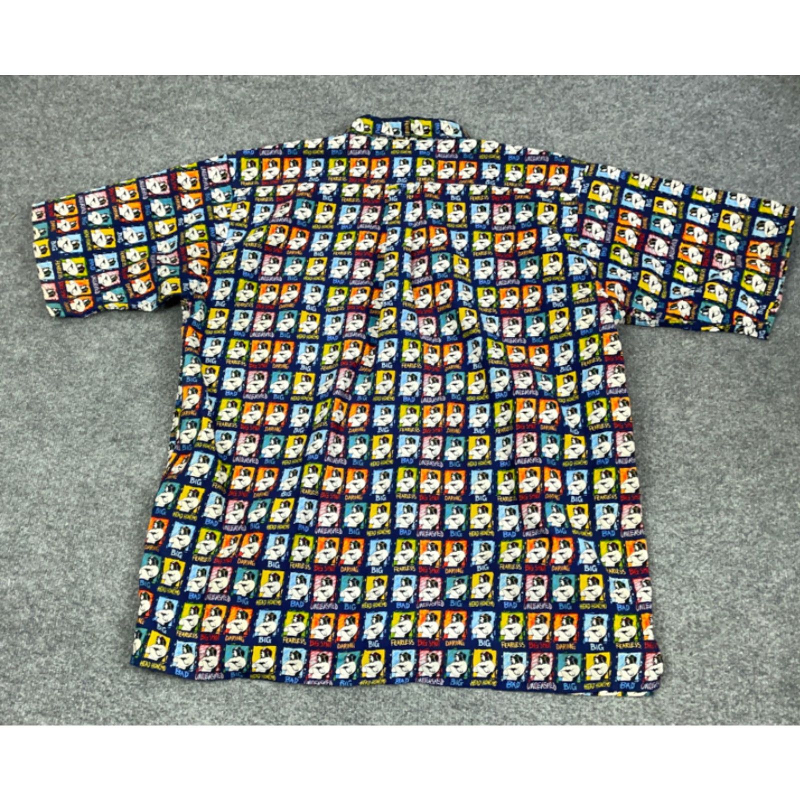 VINTAGE Big Dogs Big Shot Artwork Button-Up Shirt Adult 2XL Tall Multicolor Geometric Short Sleeve Casual Mens