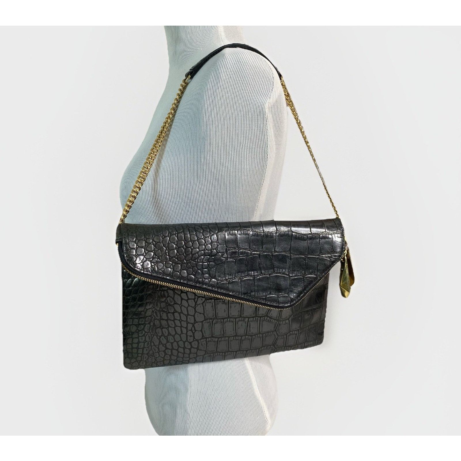 Henri Bendel Henri Bendel BLK Croc Embossed Leather Envelope Bag Shoulder Size ONE SIZE - 1 Thumbnail